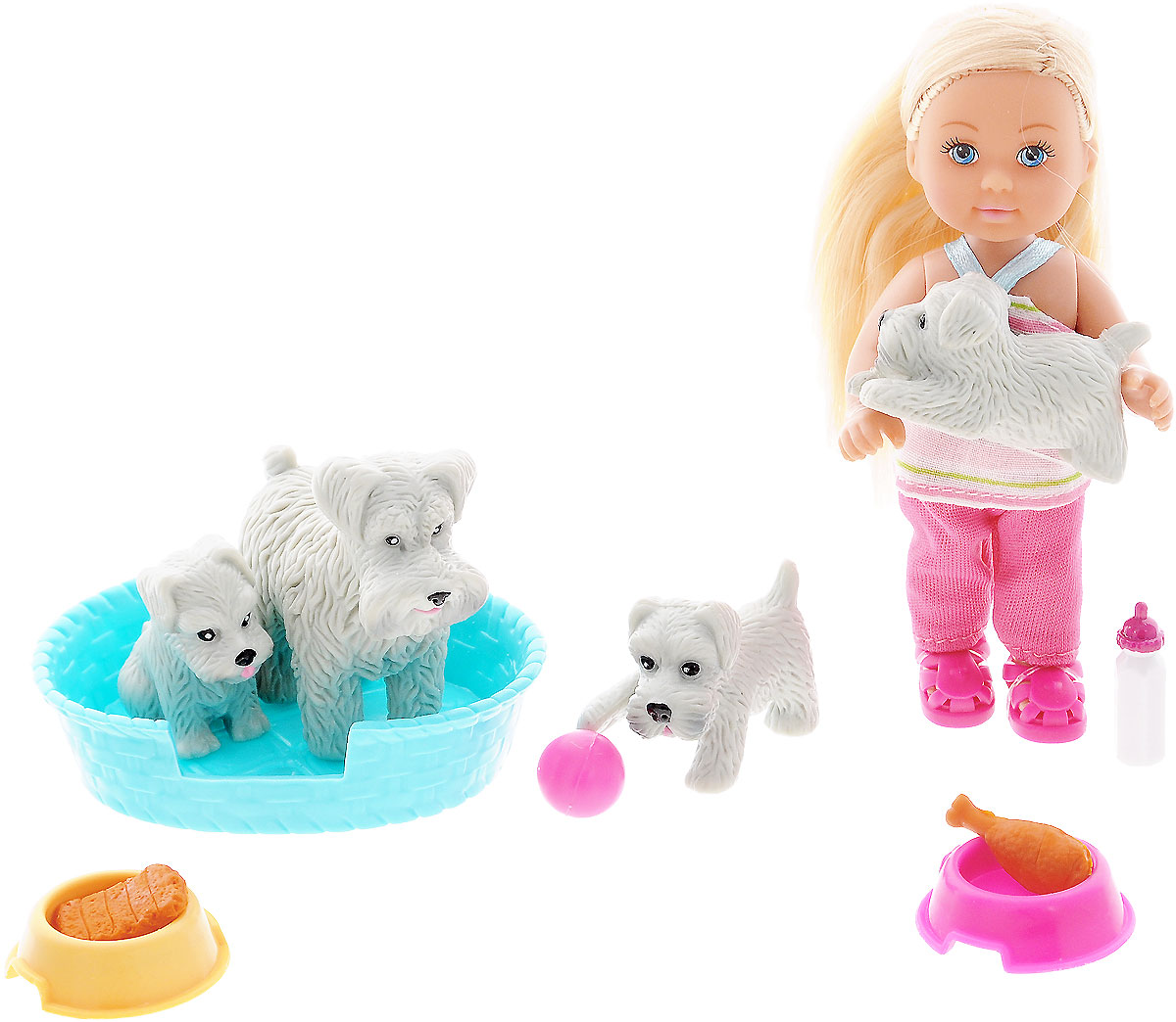 Simba Игровой набор с мини-куклой Еви цвет лежака голубой5734191_блондинка/серые собаки в голубом лежаке Simba Игровой набор с мини-куклой Еви цвет лежака голубой5734191_блондинка/серые собаки в голубом лежакеКукла Еви с домашними животными порадует любую девочку и надолго увлечет ее. Набор включает в себя куколку Еви, ее питомцев в виде серой собачки и трех ее щенков, а также лежак и аксессуары для ухода за животными. Малышка Еви одета в полосатую маечку и розовые брючки. На ногах у нее - яркие летние сандалики. Вашей дочурке непременно понравится заплетать длинные белокурые волосы куклы, придумывая разнообразные прически. Руки, ноги и голова куклы подвижны, благодаря чему ей можно придавать разнообразные позы. Игры с куклой способствуют эмоциональному развитию, помогают формировать воображение и художественный вкус, а также разовьют в вашей малышке чувство ответственности и заботы. Великолепное качество исполнения делают эту куколку чудесным подарком к любому празднику.