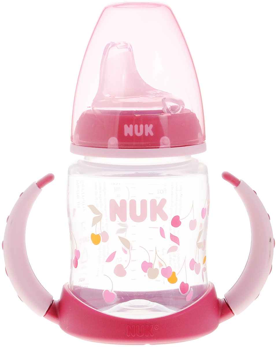 NUK Бутылочка-поильник First Choice с силиконовым носиком от 6 до 18 месяцев цвет бордовый 150 мл10.743.392_бордовый_вишенка NUK Бутылочка-поильник First Choice с силиконовым носиком от 6 до 18 месяцев цвет бордовый 150 мл10.743.392_бордовый_вишенкаБутылочка-поильник NUK First Choice, изготовленная из прочного полипропилена, разработана специально для детей от 6 месяцев для легкого перехода от грудного кормления к бутылочке и от бутылочки к самостоятельному питью. Поильник имеет мягкий силиконовый носик со специальным отверстием, который не протекает, даже если малыш перевернет бутылочку, и защелкивающийся прозрачный колпачок, обеспечивающий гигиеничность. Закупоривающий диск легко вставляется в завинчивающееся кольцо, что позволяет бутылочке оставаться герметичной даже во время сильной встряски. Благодаря эргономичному дизайну и съемным нескользящим ручкам, крохе будет удобно держать поильник. Широкое горлышко позволит легко наполнить и очистить бутылочку. Не содержит бисфенол-А.