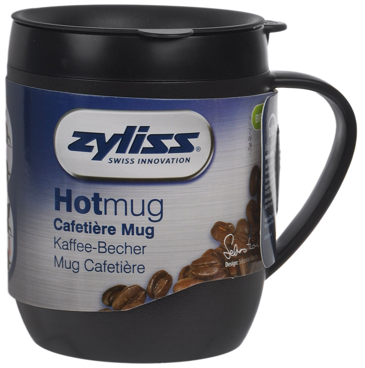 Термокружка Zyliss Hot Mug, с крышкой, с ситечком, цвет: темно-серый, черный, 400 млE990004WD_черный Термокружка Zyliss Hot Mug, с крышкой, с ситечком, цвет: темно-серый, черный, 400 млE990004WD_черныйТермокружка Zyliss Hot Mug изготовлена из высококачественного пластика. Двойные стенки защищают руки от высоких температур и дольше сохраняют температуру напитка. Удобная герметичная пластиковая крышка со специальным отверстием для питья не позволит пролиться любимому напитку во время ходьбы или движения за рулем автомобиля. С помощью ситечка для заваривания, входящего в комплект, можно приготовить кофе или чай непосредственно в кружке, что позволит сэкономить ваше время. Термокружка Zyliss Hot Mug очень компактна и не займет много места. Теперь вы в любое время и в любом месте сможете насладиться вашим любимым напитком. Диаметр кружки по верхнему краю: 8,5 см. Высота кружки (без учета крышки): 11,5 см. Диаметр основания ситечка: 7 см.