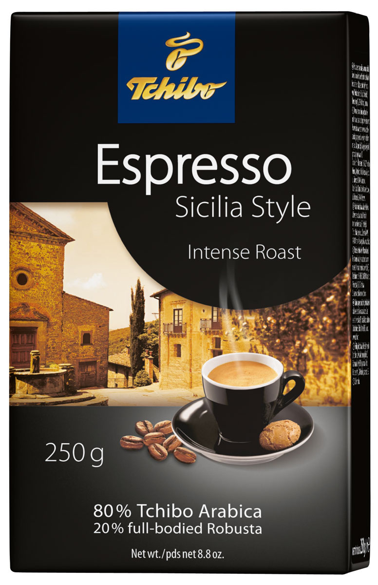 Tchibo Espresso Sicilia Style кофе молотый, 250 г456714 Tchibo Espresso Sicilia Style кофе молотый, 250 г456714Sicilia Style Espresso - это лучшие зерна Tchibo Arabica и высококачественные зерна сорта Робусты, обжаренные специалистами Tchibo методом насыщенной обжарки и искусно смешенные в традициях южной Италии, что придает этому кофе типичный сицилийский характер с крепкими терпкими нотками вкуса, насыщенным глубоким ароматом и легкой бархатной пенкой.