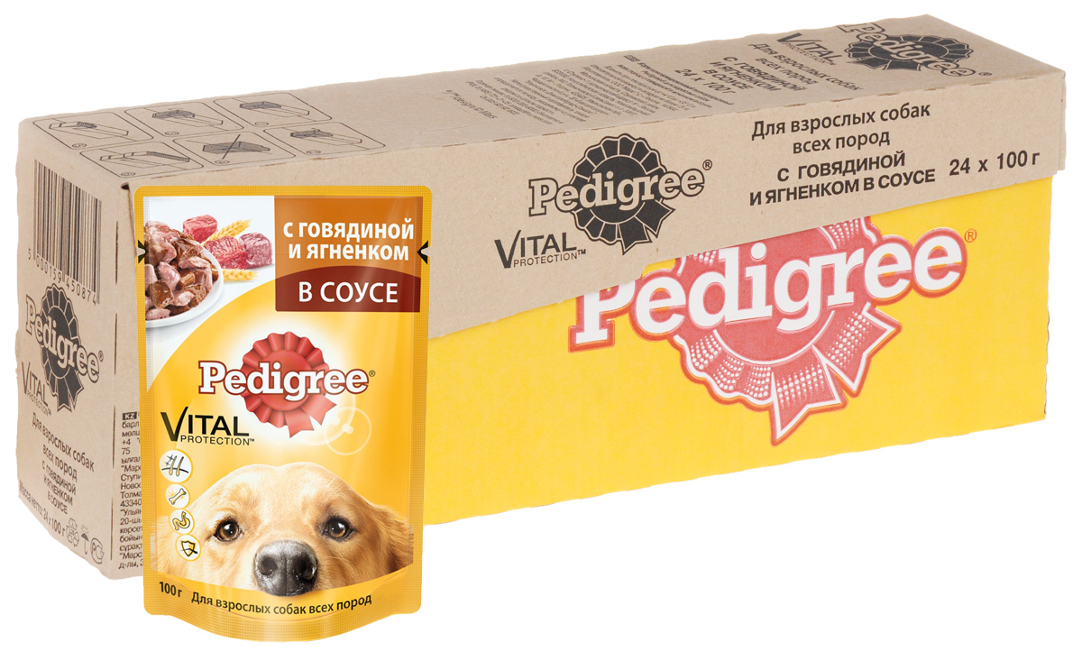 Консервы Pedigree для взрослых собак всех пород, с говядиной и ягненком в соусе, 100 г, 24 шт40740 Консервы Pedigree для взрослых собак всех пород, с говядиной и ягненком в соусе, 100 г, 24 шт40740В рацион домашнего любимца нужно обязательно включать консервированный корм, ведь его главные достоинства - высокая калорийность и питательная ценность. Консервы Pedigree - это порция сочных мясных кусочков, которая обеспечит организм собаки витаминами и микроэлементами, необходимыми ей для здоровой и активной жизни. Особенности консервов Pedigree: - способствуют отличному пищеварению благодаря качественным ингредиентам и специально подобранной клетчатке; - здоровье кожи и шерсти поддерживают Омега-6, жирные кислоты, цинк и витамины группы В; - укрепление иммунитета и снижение негативного воздействия окружающей среды обеспечивает комплекс антиоксидантов, в том числе витамин Е; - не содержат сои, консервантов, ароматизаторов, искусственных красителей и усилителей вкуса. Состав: мясо и субпродукты 37,5% (в том числе говядина и ягненок минимум 4%), злаки, жом свекольный, растительное масло, витамины, минеральные...