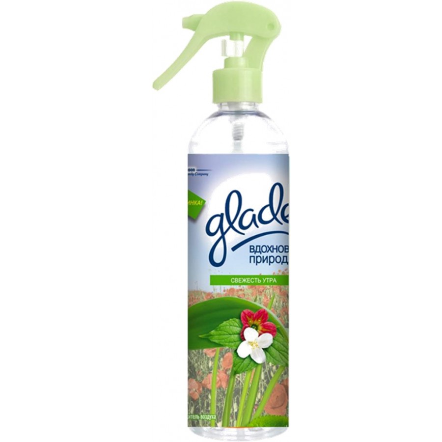Освежитель воздуха Glade Вдохновение природы. Свежесть утра, эффект свежести для воздуха и тканей, 405 мл658998 Освежитель воздуха Glade Вдохновение природы. Свежесть утра, эффект свежести для воздуха и тканей, 405 мл658998Не содержит химических газов-пропеллентов и безвреден для большинства тканей. Вы видите,что используете благодаря современной прозрачной упаковке. Маленький размер частиц аэрозоля позволяет аромату дольше витать в воздухе.