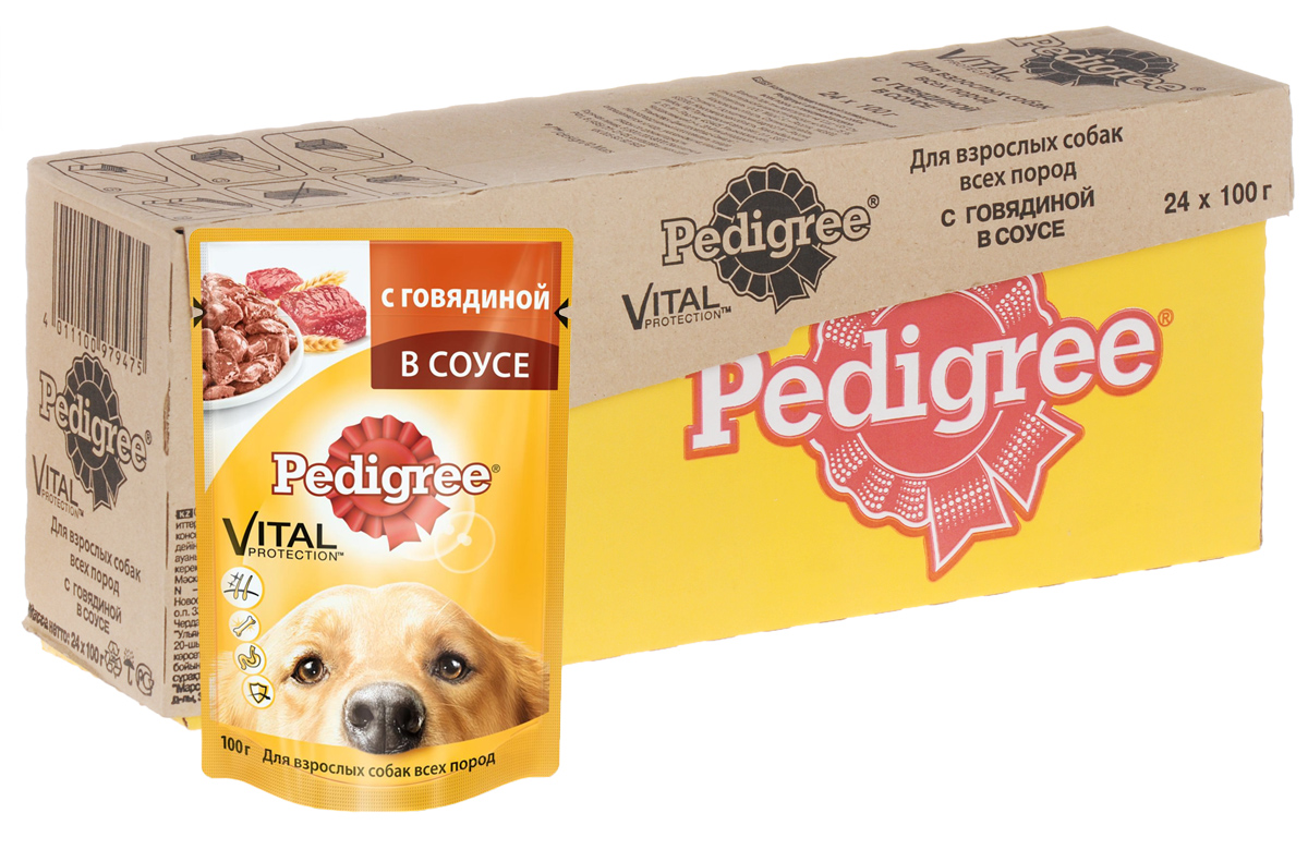 Консервы Pedigree для взрослых собак всех пород, с говядиной в соусе, 100 г, 24 шт40739 Консервы Pedigree для взрослых собак всех пород, с говядиной в соусе, 100 г, 24 шт40739Консервы Pedigree - это порция сочных мясных кусочков, которая обеспечит организм собаки витаминами и микроэлементами, необходимыми ей для здоровой и активной жизни. Особенности консервов Pedigree: - способствуют отличному пищеварению благодаря качественным ингредиентам и специально подобранной клетчатке; - здоровье кожи и шерсти поддерживают Омега-6, жирные кислоты, цинк и витамины группы В; - укрепление иммунитета и снижение негативного воздействия окружающей среды обеспечивает комплекс антиоксидантов, в том числе витамин Е; - не содержат сои, консервантов, ароматизаторов, искусственных красителей и усилителей вкуса. В рацион домашнего любимца нужно обязательно включать консервированный корм, ведь его главные достоинства - высокая калорийность и питательная ценность. Состав: мясо и субпродукты 37,5% (в том числе говядина минимум 4%), злаки, жом свекольный, растительное масло, витамины, минеральные...