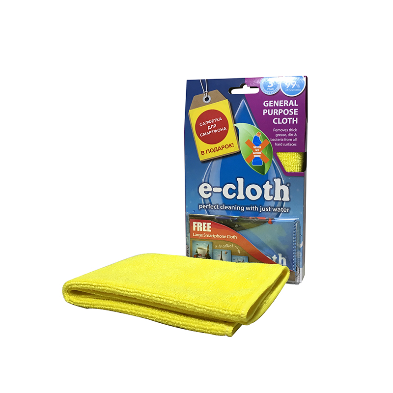 Салфетка универсальная E-cloth, цвет: желтый, 32 х 32 см + ПОДАРОК: Салфетка для смартфона20230_желтый Салфетка универсальная E-cloth, цвет: желтый, 32 х 32 см + ПОДАРОК: Салфетка для смартфона20230_желтыйУниверсальная салфетка E-cloth используется для очистки любых твердых поверхностей без использования химикатов, идеальна для нержавеющей стали, стекла, кухонных столешниц. Достаточно лишь смочить салфетку водой для очистки поверхности от жира и других загрязнений. Для очистки от пыли используйте сухую салфетку. Удаляет жир, грязь и свыше 99% бактерий. Выдерживает до 300 циклов стирки без потери эффективности. Материал: 80% полиэстер, 20% полиамид.