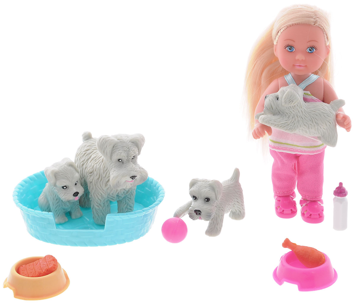 Simba Игровой набор с мини-куклой Еви с домашними животными5734191_собаки серые Simba Игровой набор с мини-куклой Еви с домашними животными5734191_собаки серыеКукла Simba Еви с домашними животными порадует любую девочку и надолго увлечет ее. Набор включает в себя куколку Еви, ее питомцев в виде серой собачки и трех ее щенков, а также аксессуары для ухода за животными. Малышка Еви одета в полосатую маечку и розовые брючки. На ногах у нее - яркие летние сандалики. Вашей дочурке непременно понравится заплетать длинные белокурые волосы куклы, придумывая разнообразные прически. Руки, ноги и голова куклы подвижны, благодаря чему ей можно придавать разнообразные позы. Игры с куклой способствуют эмоциональному развитию, помогают формировать воображение и художественный вкус, а также разовьют в вашей малышке чувство ответственности и заботы. Великолепное качество исполнения делают эту куколку чудесным подарком к любому празднику.