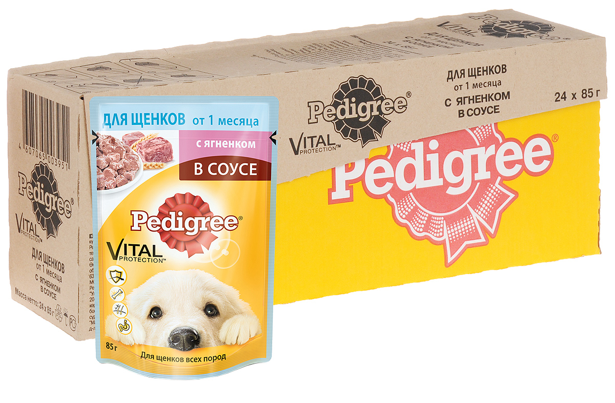 Консервы для щенков Pedigree, с ягненком в соусе, 85 г, 24 шт40738 Консервы для щенков Pedigree, с ягненком в соусе, 85 г, 24 шт40738Консервы для щенков Pedigree - это не просто восхитительно вкусные мясные кусочки, но и полезный, оптимально сбалансированный рацион для щенков от 1 месяца. Он разработан с учетом потребностей собаки в период наиболее интенсивного роста и дает вашему щенку необходимые жизненные силы. Витамин Е и цинк поддерживают иммунную систему. Линолевая кислота и цинк необходимы для здоровья кожи и шерсти. Высокоусвояемые ингредиенты и клетчатка нужны для оптимального пищеварения. Не содержит ароматизаторов, сои и консервантов, усилителей вкуса, искусственных красителей. Состав: мясо и субпродукты (в том числе ягненок минимум 4%), злаки, растительное масло, минеральные вещества, жом свекольный, витамины. Пищевая ценность (100 г): белки - 8 г; жиры - 5,5 г; зола - 2 г; клетчатка - 0,3 г; влага - 81 г; кальций - не менее 0,3 г; цинк - не менее 3 мг; витамин А - не менее 120 МЕ; витамин Е - не менее 1 мг. Энергетическая ценность (100 г): 90...