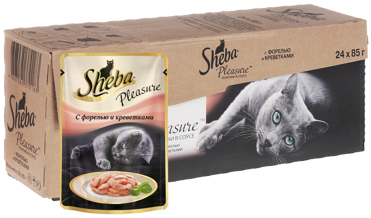 Консервы для взрослых кошек Sheba Pleasure, с форелью и креветками, 85 г х 24 шт40750 Консервы для взрослых кошек Sheba Pleasure, с форелью и креветками, 85 г х 24 шт40750Консервы Sheba Pleasure - это полнорационный консервированный корм для взрослых кошек. Не содержит сои, искусственных красителей и ароматизаторов. Удивительная гармония, рожденная сочетанием форели и креветок. Эти изысканные ингредиенты оттеняют друг друга, сливаясь в аппетитном дуэте. Нежная консистенция и тонкий аромат не оставят ни одну кошку равнодушной. Состав: мясо и субпродукты, форель и креветки (минимум 4%), таурин, витамины и минеральные вещества. Пищевая ценность (100 г): белки 11 г, жиры 3 г, зола 2 г, клетчатка 0,3 г, витамин А - не менее 90 МЕ, витамин Е (не менее 1 мг), влага 82 г. Энергетическая ценность: 75 ккал/100г. Вес: 85 г х 24 шт. Товар сертифицирован.
