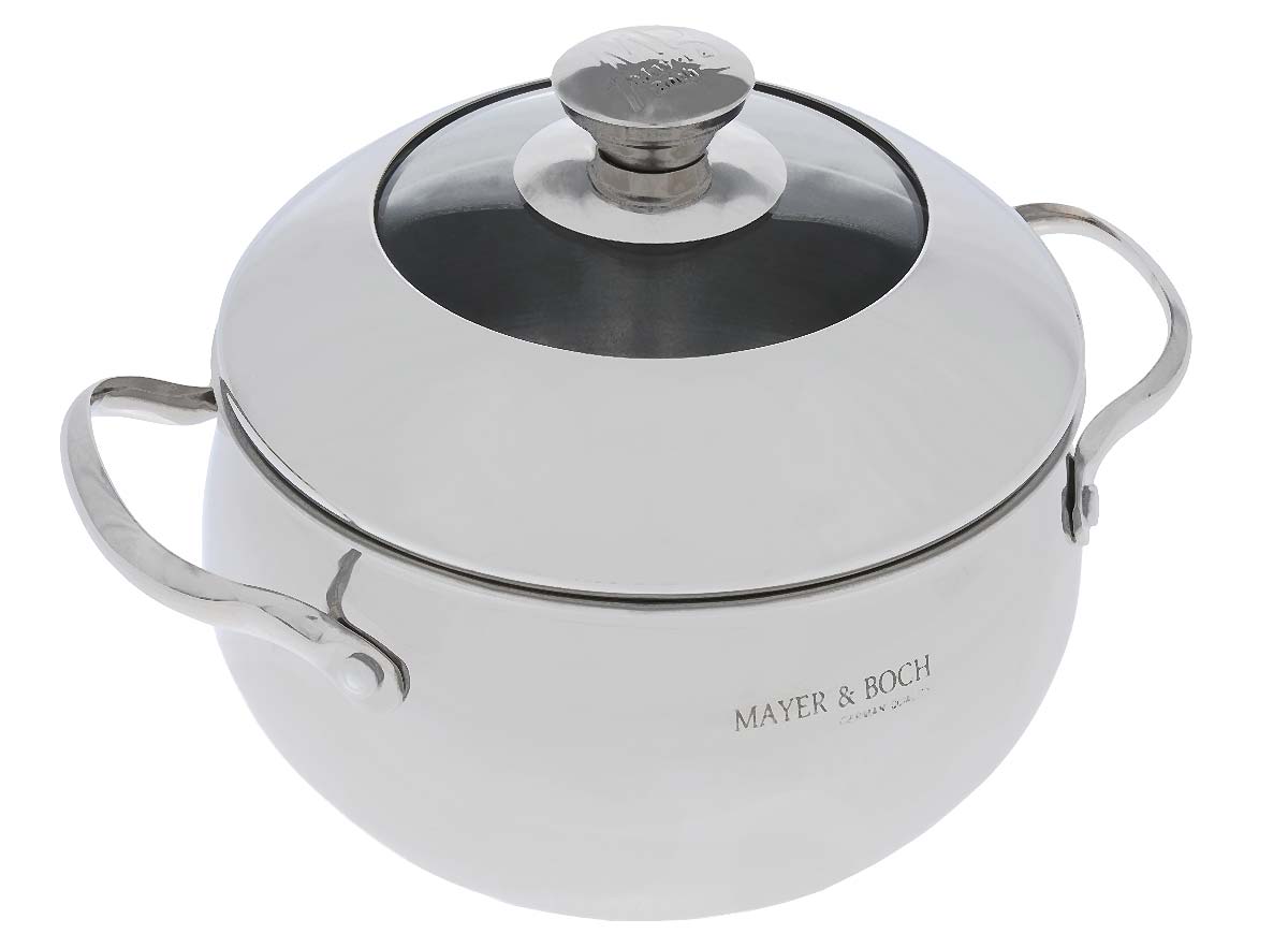 Кастрюля Mayer & Boch Сфера с крышкой, 2,8 л22371 Кастрюля Mayer & Boch Сфера с крышкой, 2,8 л22371Кастрюля Mayer & Boch Сфера изготовлена из высококачественной нержавеющей стали. Кастрюли из такого материала предназначены для здорового и экологичного приготовления пищи. Зеркальная полировка придает эстетичный вид. Кастрюля оснащена удобными ручками. Крышка, изготовленная из жаропрочного стекла и нержавеющей стали, плотно прилегает к стенкам посуды, сохраняя аромат блюд. Можно использовать на всех типах плит, включая индукционные. Можно мыть в посудомоечной машине. Диаметр: 18 см. Высота стенки: 11,5 см. Толщина стенки: 0,5 мм. Толщина дна: 4 мм. Ширина с учетом ручек: 25,5 см.