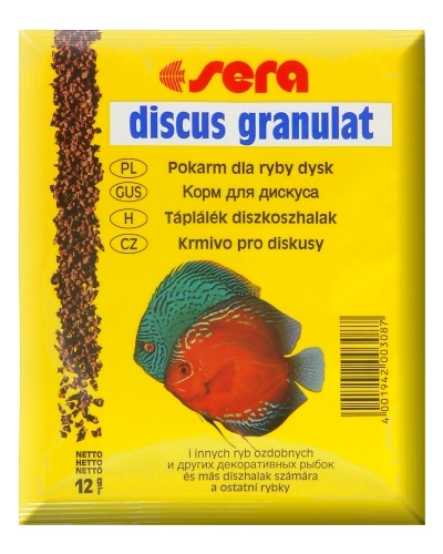 Sera Discus Granulat Корм для дискусов, гранулы 12г15967 Sera Discus Granulat Корм для дискусов, гранулы 12г15967Основной гранулированный корм для всех видов дискусов. sera дискус гранулят – медленно погружающийся гранулированный корм для дискусов и других привередливых декоративных рыб. В воде гранулы корма быстро становятся мягкими, не разбухают и, таким образом, не оказывают воздействия на животных. Размер гранул, цвет и состав превосходно согласуются со специфическими потребности дискусов и способствуют сбалансированному питанию в соответствии с их естественными потребностями.