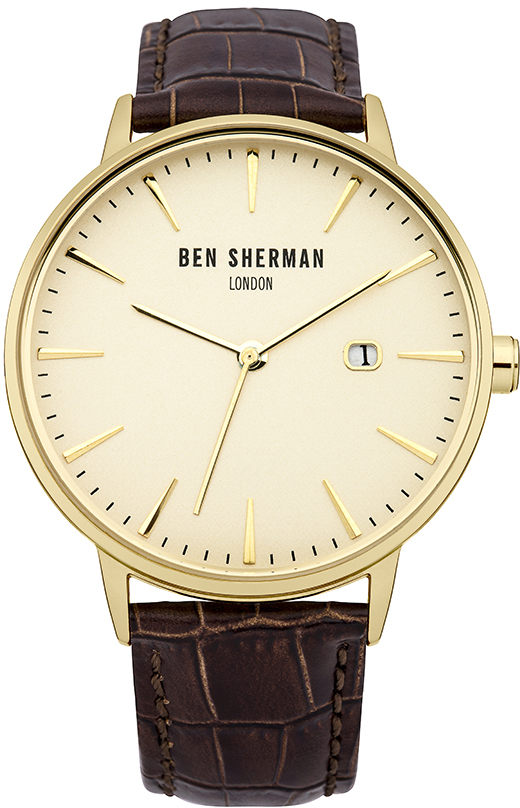 Часы наручные мужские Веn Sherman, цвет: золотой, коричневый. WB001BRWB001BR Часы наручные мужские Веn Sherman, цвет: золотой, коричневый. WB001BRWB001BRСтильные мужские часы Веn Sherman, выполнены из нержавеющей стали, натуральной кожи с тиснением под рептилию и минерального стекла. Циферблат часов дополнен символикой бренда. Часы оснащены кварцевым механизмом, имеют степень влагозащиты равную 3 atm, а также дополнены устойчивым к царапинам минеральным стеклом и индикатором даты. Ремешок часов оснащен классической пряжкой, которая позволит с легкостью снимать и надевать изделие. Часы поставляются в фирменной упаковке. Часы Веn Sherman подчеркнут отменное чувство стиля своего обладателя.