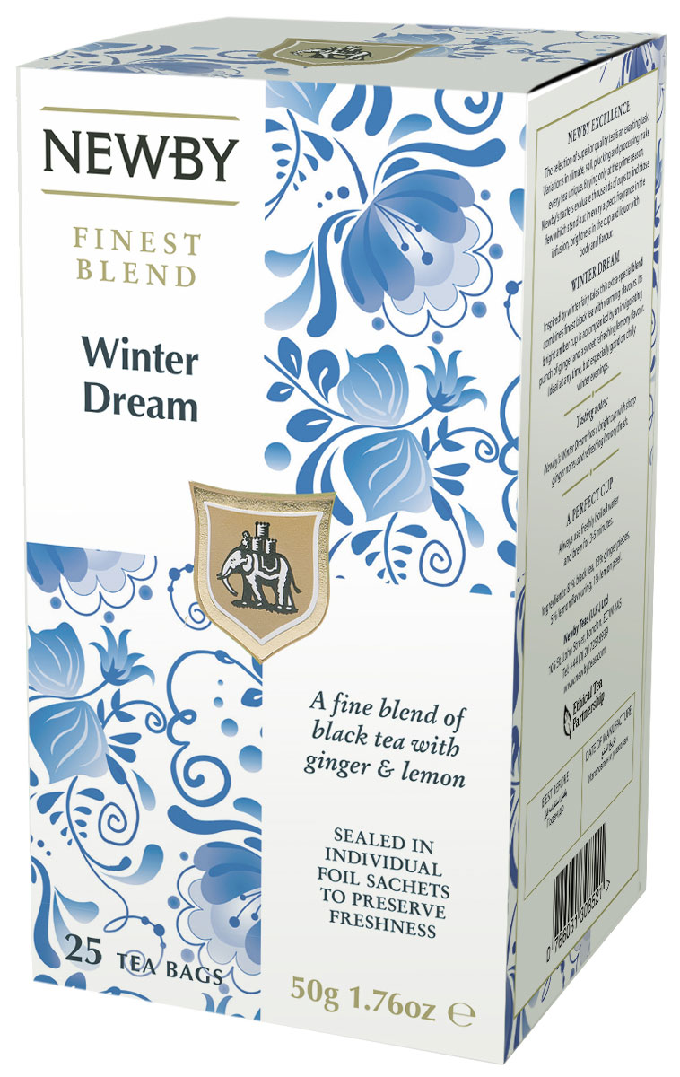 Newby Winter Dream черный чай в пакетиках, 25 шт311630 Newby Winter Dream черный чай в пакетиках, 25 шт311630Черный чай Newby Winter Dream с острыми нотками имбиря и освежающим вкусом лимона прекрасно взбодрит и освежит вас как утром, так и в любое время дня!