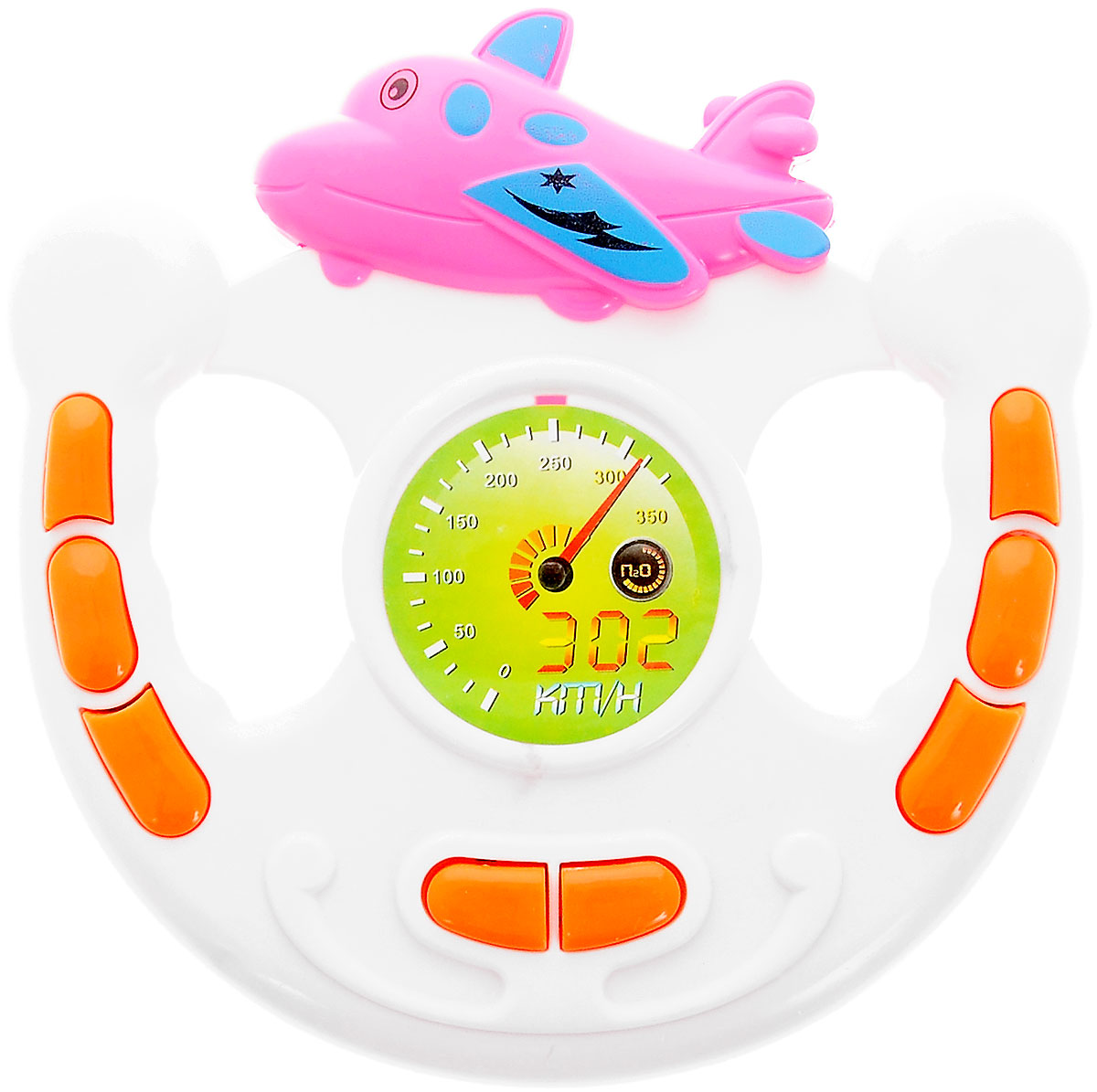 Bestценник Развивающая игрушка РульСС75443 Bestценник Развивающая игрушка РульСС75443Развивающая игрушка Музыкальный руль, выполненный в ярких тонах, привлечет внимание вашего ребенка и не позволит ему скучать. Руль изготовлен из прочного высококачественного пластика. По краям игрушки имеются музыкальные кнопки оранжевого цвета, при нажатии на которые воспроизводятся разнообразные звуки. В центре игрушки бумажный круг с нарисованной шкалой скорости. Вверху руля расположена фигурка симпатичного розового самолетика. Игрушка развивает концентрацию внимания, координацию, цветовое восприятие, моторику и слух. Для работы требуются 2 батарейки типа АА (не входят в комплект).