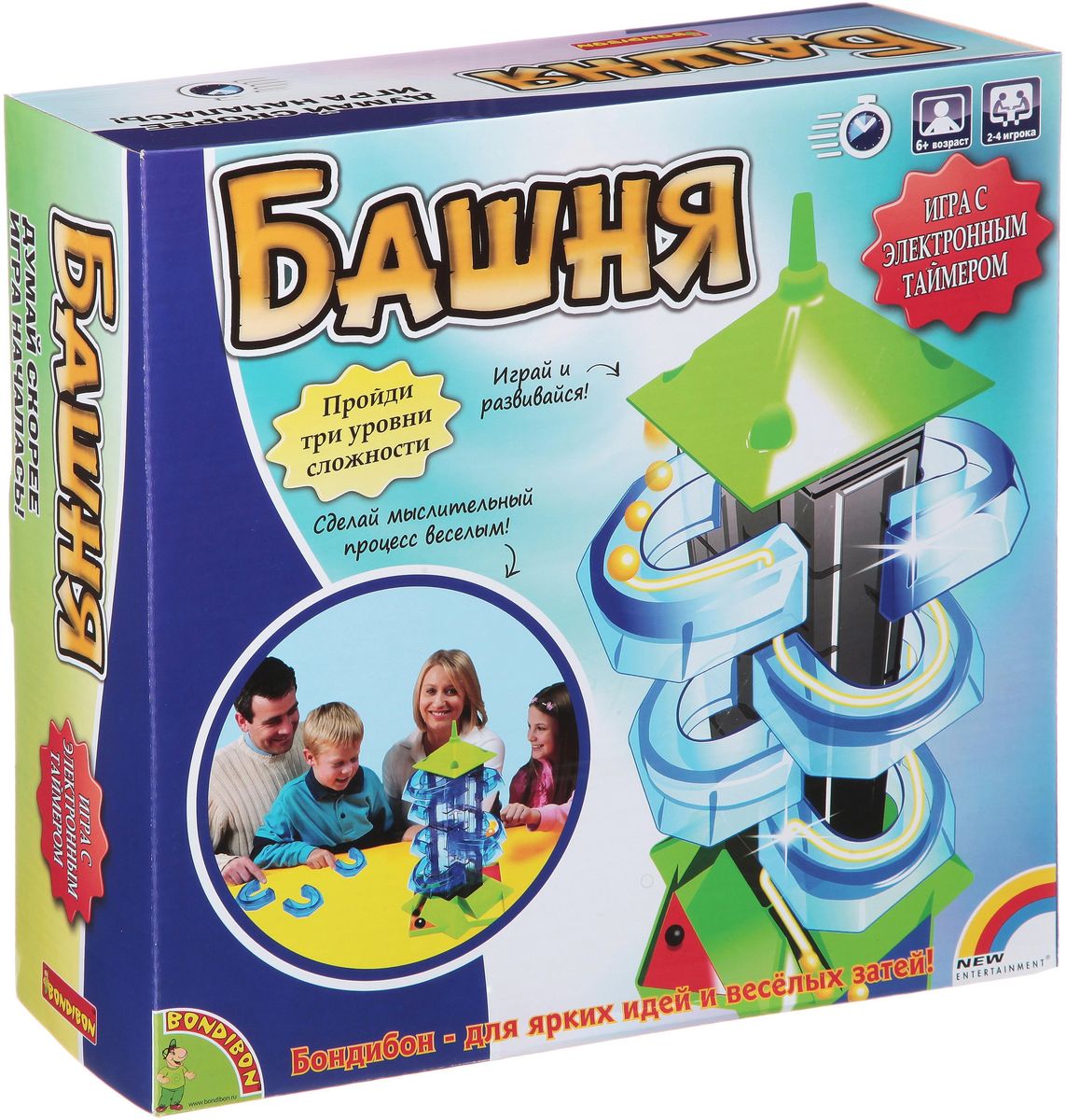Bondibon Развивающая игра БашняВВ1405 Bondibon Развивающая игра БашняВВ1405Самыми интересными играми являются те, в которые можно играть семьей или компанией друзей. Игра Башня относится именно к таким играм, которые совмещают в себе мыслительный процесс и прекрасное развлечение! Суть игры очень проста: каждый игрок должен выбрать один из четырех цветов на основании башни и расположить на башне специальные балконы. После чего все игроки запускают шарики с самого верха башни и помогают им преодолеть все балконы. Не забывайте – в игре присутствует электронный таймер, и игрокам необходимо добавлять в игру шарики как можно быстрее! Победителем является игрок, набравший наибольшее количество очков. Эта игра станет замечательным поводом собраться всей семье вместе! Для игры вам потребуются 2 батарейки AAA/LR03 (не входят в набор).