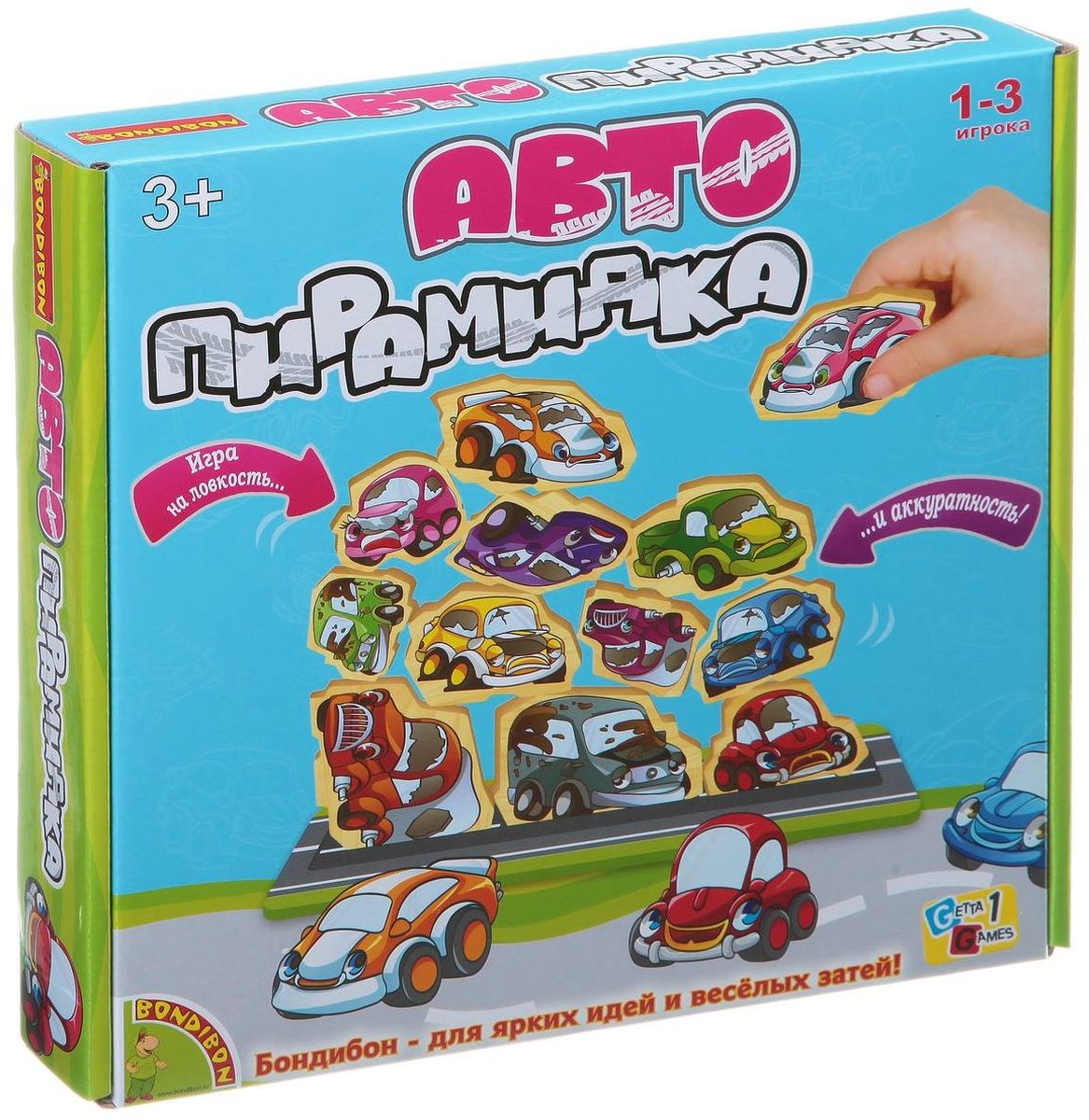 Bondibon Развивающая игра АвтопирамидкаВВ1449 Bondibon Развивающая игра АвтопирамидкаВВ1449Игры-пирамидки бывают разные: в одних предстоит пирамиду строить, а в других – разрушать. В игре Bondibon Автопирамидка, предназначенной для самых маленьких ребят, необходимо составлять детали, имеющие вид разноцветных автомобильчиков, в пирамидку. Победителем является тот, кто первым поместит последнюю свою деталь на сложенной пирамидке так, чтобы на поле не упала ни одна деталь. Если при выполнении задания на поле падает хотя бы одна деталь, то ход переходит другому к другому игроку. Уронивший должен забрать все упавшие детали себе. Эта игра станет прекрасным развлечением для детей, а также поможет в развитии координации движений и мелкой моторики.
