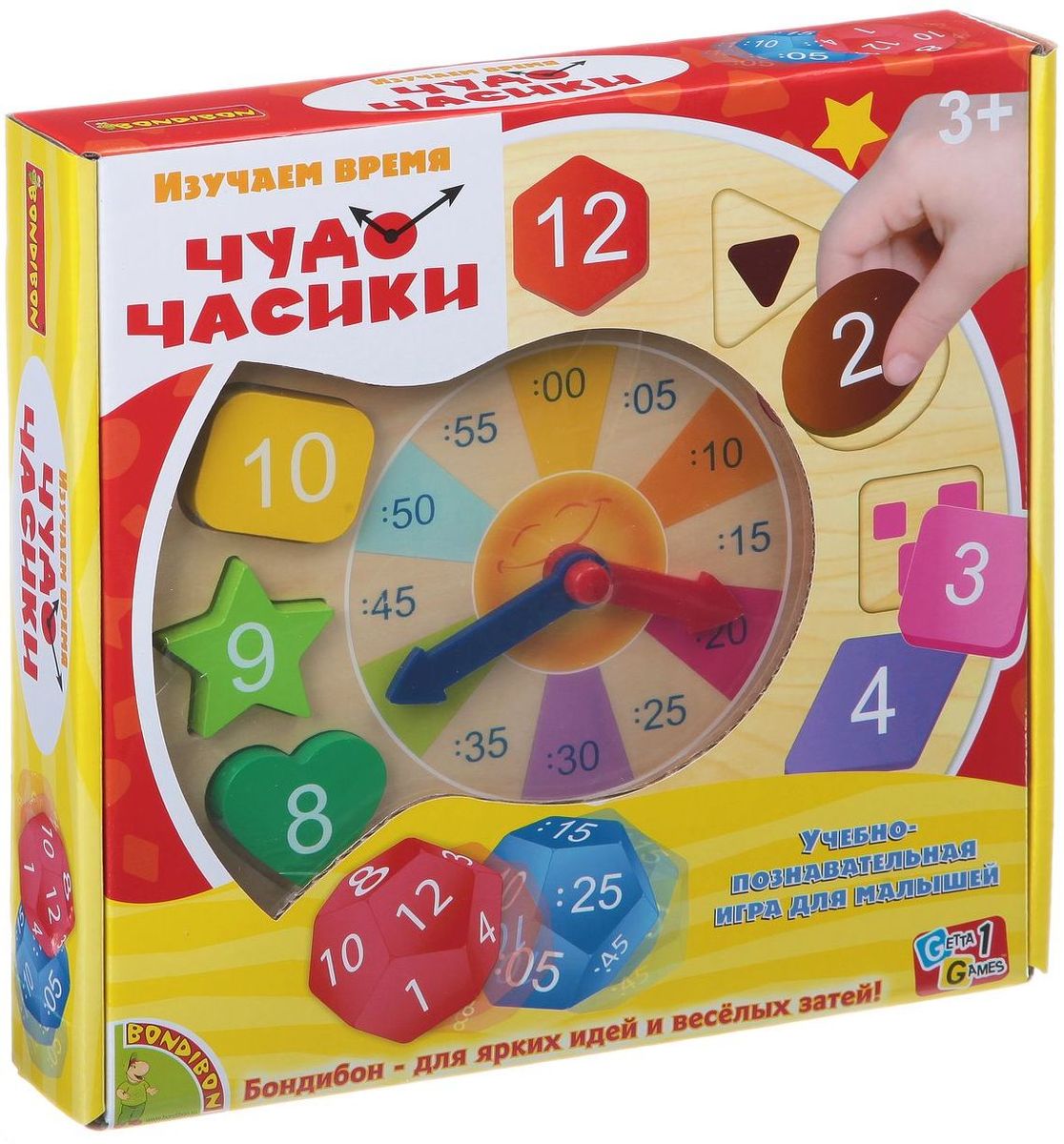 Bondibon Развивающая игра Чудо-часикиВВ1450 Bondibon Развивающая игра Чудо-часикиВВ1450Развивающая игра Чудо-часики является научно-познавательной, и поможет вашему ребенку научиться определять время по часам, распознавать цвета и формы. Увлекательная головоломка имеет три уровня задач, в процессе решения которых ребята и смогут разобраться, что же такое часы и время. Первая задача состоит в том, чтобы ребенок вложил детали с цифрами часов в правильном порядке. Вторая – в том, чтобы ребенок вложил детали с цифрами минут в правильном порядке. А третья задача предназначена, чтобы научить определять время. Это очень интересно и познавательно!