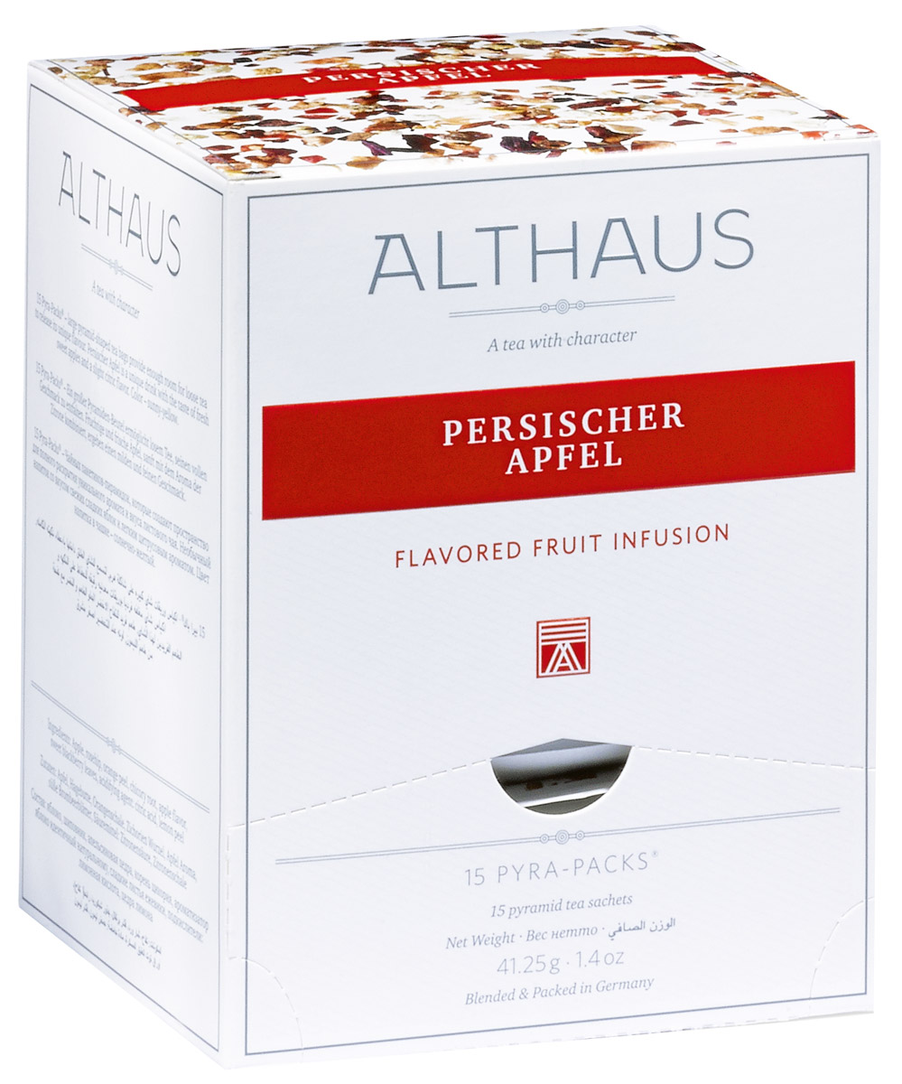 Althaus Persischer Apfel чайный напиток фруктовый в пирамидках, 15 штTALTHL-L00153 Althaus Persischer Apfel чайный напиток фруктовый в пирамидках, 15 штTALTHL-L00153Althaus Persischer Apfel - душистый напиток с ароматом сладкого яблочного пирога и полупрозрачными оттенками цитрусовых. Pyra-Pack - это коллекция из 13 купажей, в которую вошли лучшие сорта высококачественного листового чая, а также отборные смеси из цельных кусочков фруктов, ягод, цветочных лепестков, целебных трав. Pyra-Pack представляет собой инновационный вариант высокотехнологичной упаковки — нейлоновые пирамидки: Пакетики в форме пирамидок создают пространство для свободного распределения чаинок, тем самым повышая степень и скорость экстракции чая. Нейлон обладает отличной пропускной способностью, поэтому чай, заваренный в нейлоновых пирамидках, получается особо насыщенным по вкусу и ароматным. Пирамидки максимально упрощают процедуру заваривания чая, при этом сохраняя эстетический эффект традиционного чаепития.