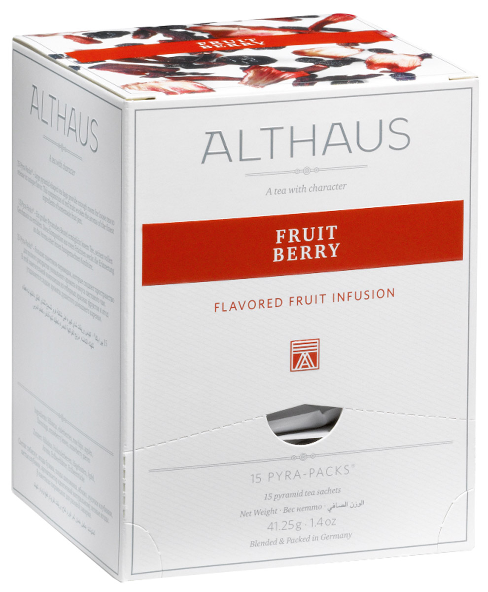 Althaus Fruit Berry чайный напиток фруктовый в пирамидках, 15 штTALTHL-L00150 Althaus Fruit Berry чайный напиток фруктовый в пирамидках, 15 штTALTHL-L00150В Althaus Fruit Berry отборный египетский каркаде сочетается с теплым запахом домашнего варенья из садовых и лесных ягод - бузины, клубники и шиповника. Этот уникальный фруктовый чай обладает ярким ягодным ароматом с легким оттенком сухофруктов. При заваривании летняя сладость раскрывается в богатом букете со множеством выразительных нюансов, соблазнительном послевкусием клубники и дикой вишни. Pyra-Pack - это коллекция из 13 купажей, в которую вошли лучшие сорта высококачественного листового чая, а также отборные смеси из цельных кусочков фруктов, ягод, цветочных лепестков, целебных трав. Pyra-Pack представляет собой инновационный вариант высокотехнологичной упаковки - нейлоновые пирамидки: Пакетики в форме пирамидок создают пространство для свободного распределения чаинок, тем самым повышая степень и скорость экстракции чая. Нейлон обладает отличной пропускной способностью, поэтому чай, заваренный в нейлоновых пирамидках, получается особо...