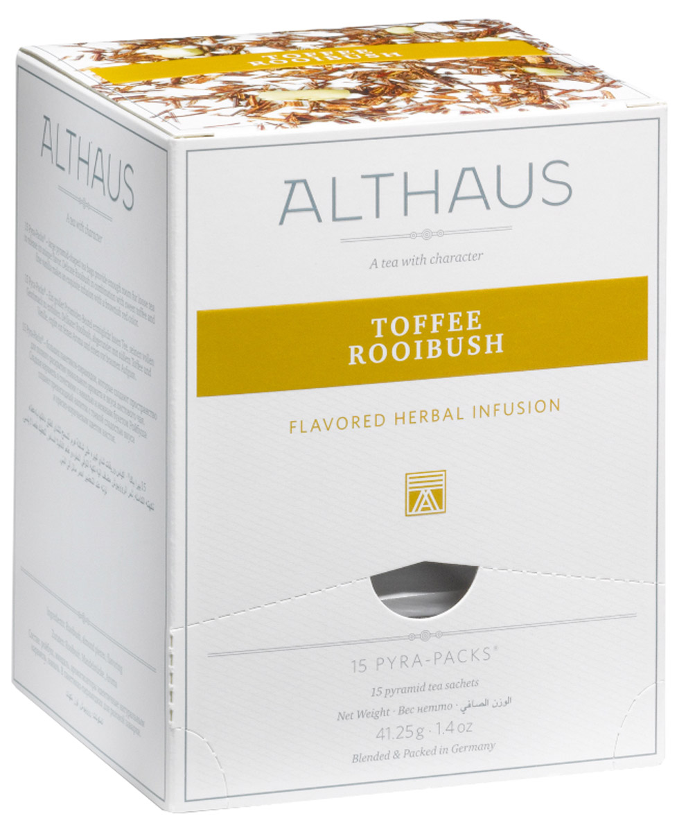 Althaus Toffee Rooibush чайный напиток травяной в пирамидках, 15 штTALTHL-L00148 Althaus Toffee Rooibush чайный напиток травяной в пирамидках, 15 штTALTHL-L00148В замечательном десертном купаже Althaus Toffee Rooibush необычный, сладковато-древесный вкус отборного африканского чая гармонично дополняется нежным оттенком сливочной карамели тоффи и бархатистой горчинкой миндаля. Восхитительный букет амбровых ароматов, теплый и глубокий, приятно согревает вечерами и хорошо сочетается с изысканными десертами. Карамель тоффи появилась на севере Англии и стала особенно популярна в начале XIX века, когда снизилась цена на сахар и патоку, необходимые для ее приготовления. Тягучая мягкая сладость получила название toffee, которое происходит от английского слова tough со значением упругий, вязкий. Со временем в традиционный рецепт тоффи добавили знаменитые девонские сливки и миндаль, благодаря чему карамель приобрела еще более насыщенный и богатый вкус. Кусочки миндаля, входящие в состав, напоминают об утонченном английском лакомстве. Pyra-Pack - это коллекция из 13 купажей, в которую вошли лучшие сорта...