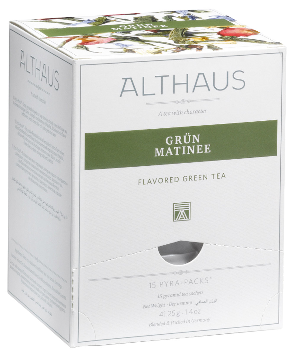 Althaus Grun Matinee чай зеленый ароматизированный в пирамидках, 15 штTALTHL-L00146 Althaus Grun Matinee чай зеленый ароматизированный в пирамидках, 15 штTALTHL-L00146Althaus Grun Matinee — необыкновенный купаж классического японского зеленого чая Сенча, изысканных фруктовых ароматов и цветочных лепестков. Он дает настой с деликатным букетом и освежающим послевкусием. В нежном цветочно-фруктовом аромате чувствуются тропические нотки, пряность бергамота и медовая сладость манго. Изящные лепестки пурпурной розы, небесно-синего василька и по-летнему яркого подсолнечника органично дополняют замечательный вкус этого чая. Роза смягчает остроту зеленой Сенчи, василек и подсолнечник придают напитку утреннюю свежесть и чистоту. Утром Grun Matinee взбодрит вас терпкостью раннего зеленого чая, а вечером согреет теплыми нотами полевых цветов. Pyra-Pack - это коллекция из 13 купажей, в которую вошли лучшие сорта высококачественного листового чая, а также отборные смеси из цельных кусочков фруктов, ягод, цветочных лепестков, целебных трав. Pyra-Pack представляет собой инновационный вариант высокотехнологичной...