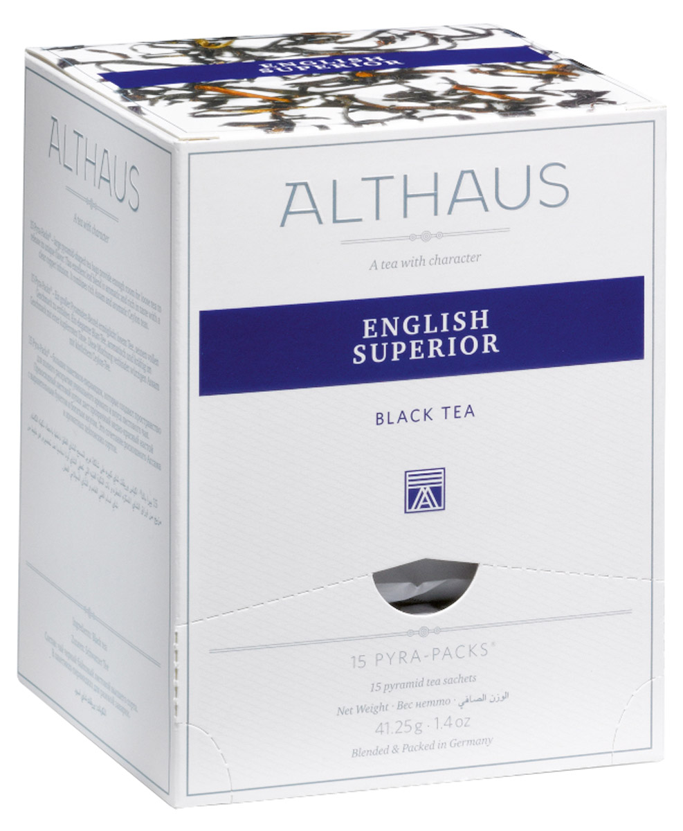 Althaus English Superior чай черный в пирамидках, 15 штTALTHL-L00140 Althaus English Superior чай черный в пирамидках, 15 штTALTHL-L00140Althaus English Superior - немного терпкий чай с едва заметным травяным привкусом, превосходно сбалансированный, объединяющий в себе легкую мармеладную кислинку, манящую сладость теплого бисквита и огненную нотку поджаренных хлебных злаков. Напиток дает насыщенный настой с золотистым отливом и красивым глянцевитым блеском, как у свежего гречишного меда. Яркий, сочный, но очень мягкий аромат, как воздух осеннего леса, дополняется ноткой пикантной сладости спелых фруктов. После добавления свежего молока запах этого чая напоминает аромат теплого тоста с медом. Pyra-Pack - это коллекция из 13 купажей, в которую вошли лучшие сорта высококачественного листового чая, а также отборные смеси из цельных кусочков фруктов, ягод, цветочных лепестков, целебных трав. Pyra-Pack представляет собой инновационный вариант высокотехнологичной упаковки - нейлоновые пирамидки: Пакетики в форме пирамидок создают пространство для свободного распределения...