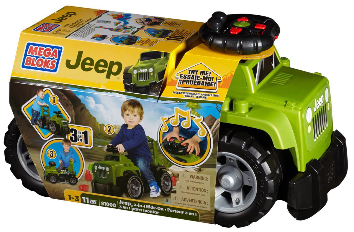 Mega Bloks First Builders Большой джип 3-в-1 цвет зеленыйDBL17 Mega Bloks First Builders Большой джип 3-в-1 цвет зеленыйDBL17Ваш маленький поклонник джипов может в поисках новых приключений прокатиться по бездорожью на легендарном Jeep-каталке 3 в 1 от Mega Bloks! Jeep 3-в-1 имеет узнаваемый дизайн и расцветку, а на руле у него находятся кнопки, имитирующие звуки настоящей машины, что делает впечатления от езды на этой машине незабываемыми. Наличие у сиденья высокой спинки позволяет превратить джип в тележку-ходунки, которую можно с легкостью толкать сзади. Под поднимающимся сиденьем находится отделение для хранения, куда можно положить все 10 блоков First Builders, имеющих традиционное для джипа оформление. Под сиденьем предусмотрено место для хранения неиспользуемых блоков и прочих предметов. Высокая спинка сиденья с ручками позволяет использовать Jeep 3-в-1 в качестве машинки для езды и в качестве ходунков. Идеально подходит для детей в возрасте от 1 до 3 лет.