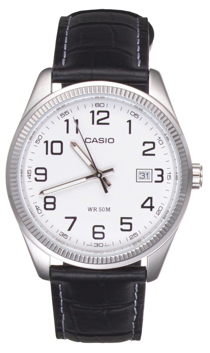 Часы мужские наручные Casio, цвет: черный, белый. MTP-1302PL-7BMTP-1302PL-7B Часы мужские наручные Casio, цвет: черный, белый. MTP-1302PL-7BMTP-1302PL-7BСтильные мужские часы Casio выполнены из гипоаллергенной латуни, натуральной кожи и минерального стекла. Корпус часов дополнен символикой бренда, а также практичным кожаным ремнем с тиснением под рептилию. Корпус изделия имеет степень влагозащиты равную 5 atm. Часы оснащены индикатором даты. Ремень изделия дополнен практичной застежкой-пряжкой, которая позволит моментально снимать и одевать часы без лишних усилий. Изделие поставляется в фирменной упаковке. Часы Casio подчеркнут мужской характер и отменное чувство стиля у их обладателя.