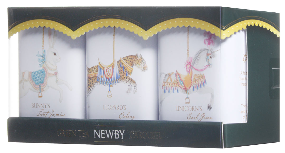 Newby Carousel Gift Set - Green Teas подарочный набор зеленого листового чая (3 вкуса), 75 г (ж/б)719020 Newby Carousel Gift Set - Green Teas подарочный набор зеленого листового чая (3 вкуса), 75 г (ж/б)719020К праздничному сезону чайная компания Newby выпустила подарочный набора крупнолистового чая в мини- баночках. Коллекция получила название Карусель, благодаря красочным изображениям животных, созданных известной британской художницей Сарой Перри. Иллюстрации на баночках и дизайн подарочной упаковки, дарят атмосферу сказки и волшебства, царящую на городских ярмарках, широко раскинувшихся под ярким шатром. Единорог Эрл Грин: Знакомый с детства, сказочный и таинственный персонаж единорог вдохновил на создание необычного зеленого чая Эрл Грин. Яркий цитрусовый аромат и тонкая нотка бергамота во вкусе в сочетании с зеленым чаем. Леопард Улонг: Говорят, что пятна на теле у леопарда всегда остаются неизменными, также как вкус и неповторимое качество улонга Newby. Китайский улонг с фруктовыми нотками и ароматом орхидей. Кролик Жасмин: Украшающий карусель игривый кролик, такой же легкий и очаровательный, как чашка ароматного...