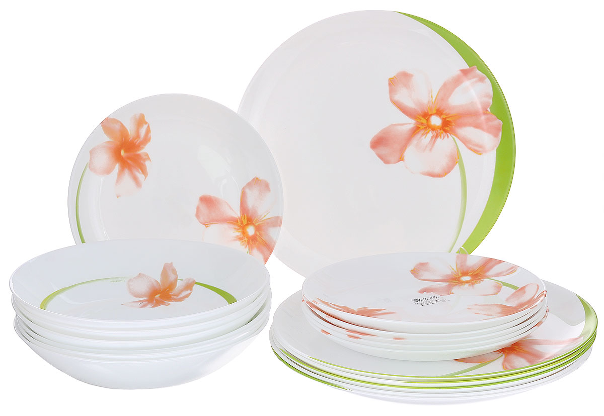 Набор столовый посуды Luminarc Sweet Impression, 18 предметовE4948 Набор столовый посуды Luminarc Sweet Impression, 18 предметовE4948Столовый набор Luminarc Sweet Impression изготовлен из высококачественного упрочненного стекла, благодаря чему посуда будет использоваться очень долго, при этом сохраняя свой внешний вид. Набор состоит из шести обеденных тарелок, шести суповых тарелок и шести десертных тарелок. Все предметы набора декорированы ярким изображением цветов. Красочный набор Luminarc Sweet Impression станет не заменимым помощником на вашей кухне и создаст отличное настроение во время обеда. Можно использовать в микроволновых печах и мыть в посудомоечных машинах. Диаметр обеденной тарелки (по верхнему краю): 25 см. Диаметр суповой тарелки (по верхнему краю): 20 см. Диаметр десертной тарелки (по верхнему краю): 19 см.