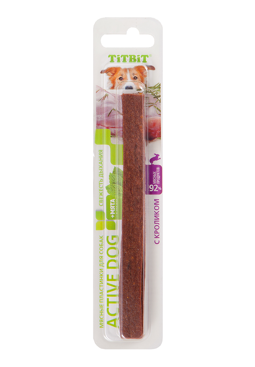 TitBit Пластинки мясные Active Dog с кроликом и мятой (2 шт)004890 TitBit Пластинки мясные Active Dog с кроликом и мятой (2 шт)004890Мясные освежающие пластинки Active Dog Содержание натуральной мяты способствует устранению неприятного запаха из пасти животного.