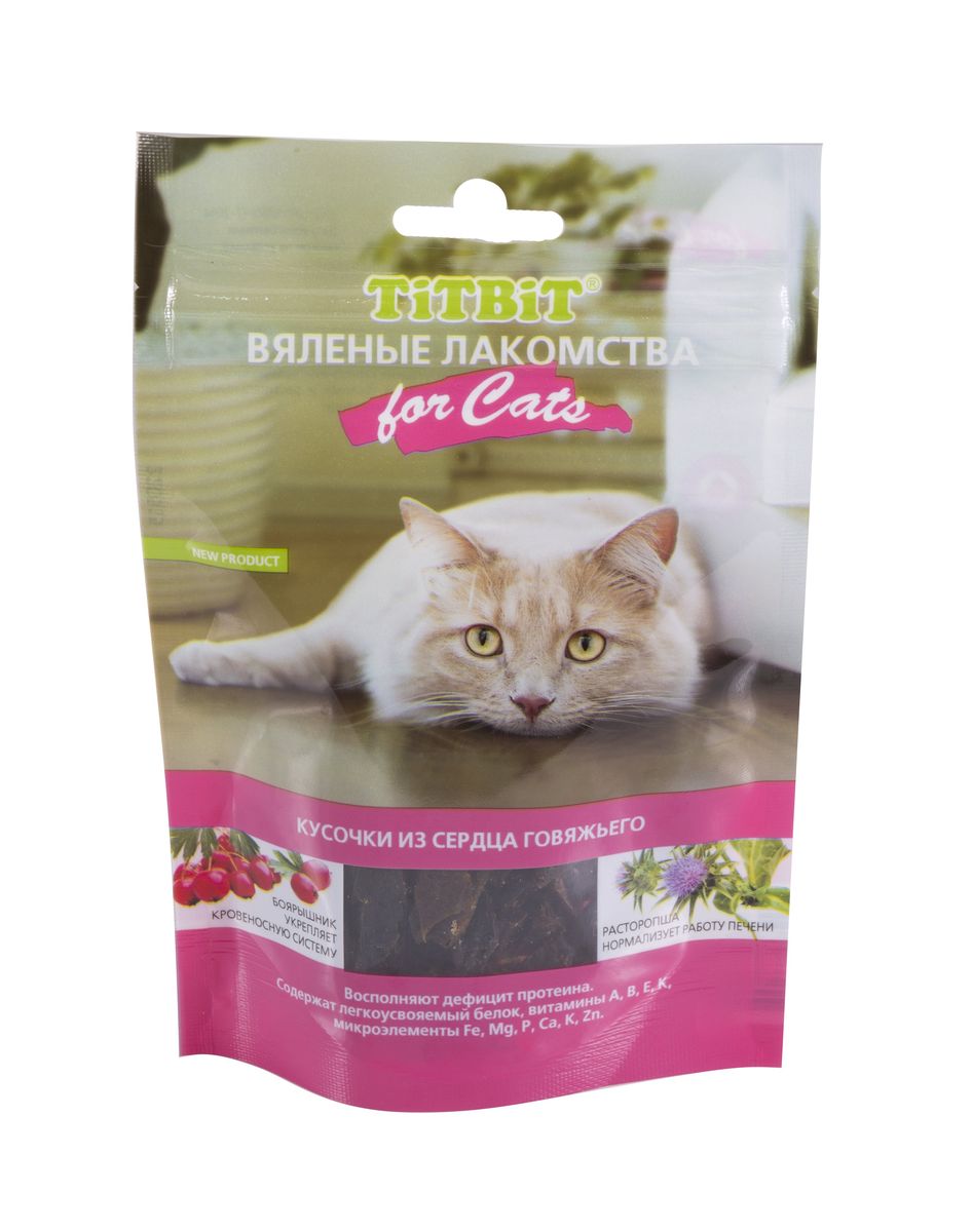 Лакомство для кошек Titbit, вяленые кусочки говяжьего сердца, 50 г005156 Лакомство для кошек Titbit, вяленые кусочки говяжьего сердца, 50 г005156Вяленые лакомства Titbit - новые продукты премиум-класса для кошек. Изготовлены по уникальной технологии с использованием только натуральных мясных продуктов и более 20 эффективных фитокомплексов, обладающих профилактическими и иммуномодулирующими свойствами. Нежные кусочки мясопродуктов, пропитанные ароматными травами и растительными экстрактами, понравятся даже самому капризному питомцу. Лакомства предназначены для здоровых кошек всех пород и возрастов, ведущих активный образ жизни. Для производства лакомств используются только натуральные мясные продукты. Благодаря высокой пищевой ценности, позволяют удовлетворить повышенные потребности в энергии. Лакомство содержит легкоусвояемый белок, витамины А, В, Е, К, микроэлементы Fe, Mg, P, Ca, K, Zn. Содержит аминокислоты, коллаген, витамины А, В, В2, С, РР, микроэлементы. Вяленые лакомства Titbit произведены по оригинальной технологии. Мясные продукты сначала замачивают в обогащенной фитокорректорами смеси, затем происходит...
