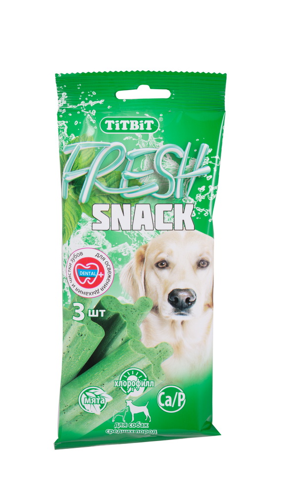 Лакомство TitBit Fresh для собак средних пород, снеки, 3 шт005330 Лакомство TitBit Fresh для собак средних пород, снеки, 3 шт005330TitBit Fresh - это функциональное лакомство для собак. Мята и хлорофилл освежают дыхание и оказывают антибактериальное воздействие. Благодаря специально разработанной эластичной текстуре и натуральным абразивным добавкам (мел и сода питьевая), употребление лакомства способствует снятию мягкого зубного налета и снижению уровня образования зубного камня. Состав: рис, мясо и мясные субпродукты, карбонат кальция (мел), гидрокарбонат натрия (сода питьевая), мята, чабрец, петрушка, клетчатка, лецитин, минеральный комплекс, хлорофилл, натуральный ароматизатор (масло мяты), витамины А, В6, D3. Товар сертифицирован.
