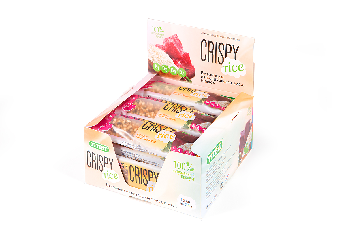 Лакомство для собак Titbit Crispy Ric, батончик из воздушного риса и говяжьей печени, 24 г005842 Лакомство для собак Titbit Crispy Ric, батончик из воздушного риса и говяжьей печени, 24 г005842Батончик Titbit Crispy Ric из воздушного риса и говяжьей печени – лакомство для собак всех пород. Воздушный рис отличается высокой питательностью, за счет чего обеспечивает быстрый приток энергии. Богат витаминами В1, В2, В3, В6, которые способствуют укреплению нервной системы. Идеально подходит для здоровых собак, ведущих активный образ жизни. Состав: рис, печень говяжья, мальтодекстрин. Пищевая ценность: белки – 8 г, жиры – 5 г, клетчатка – 4 г, зола – 2 г, влага – 11 г. Товар сертифицирован.
