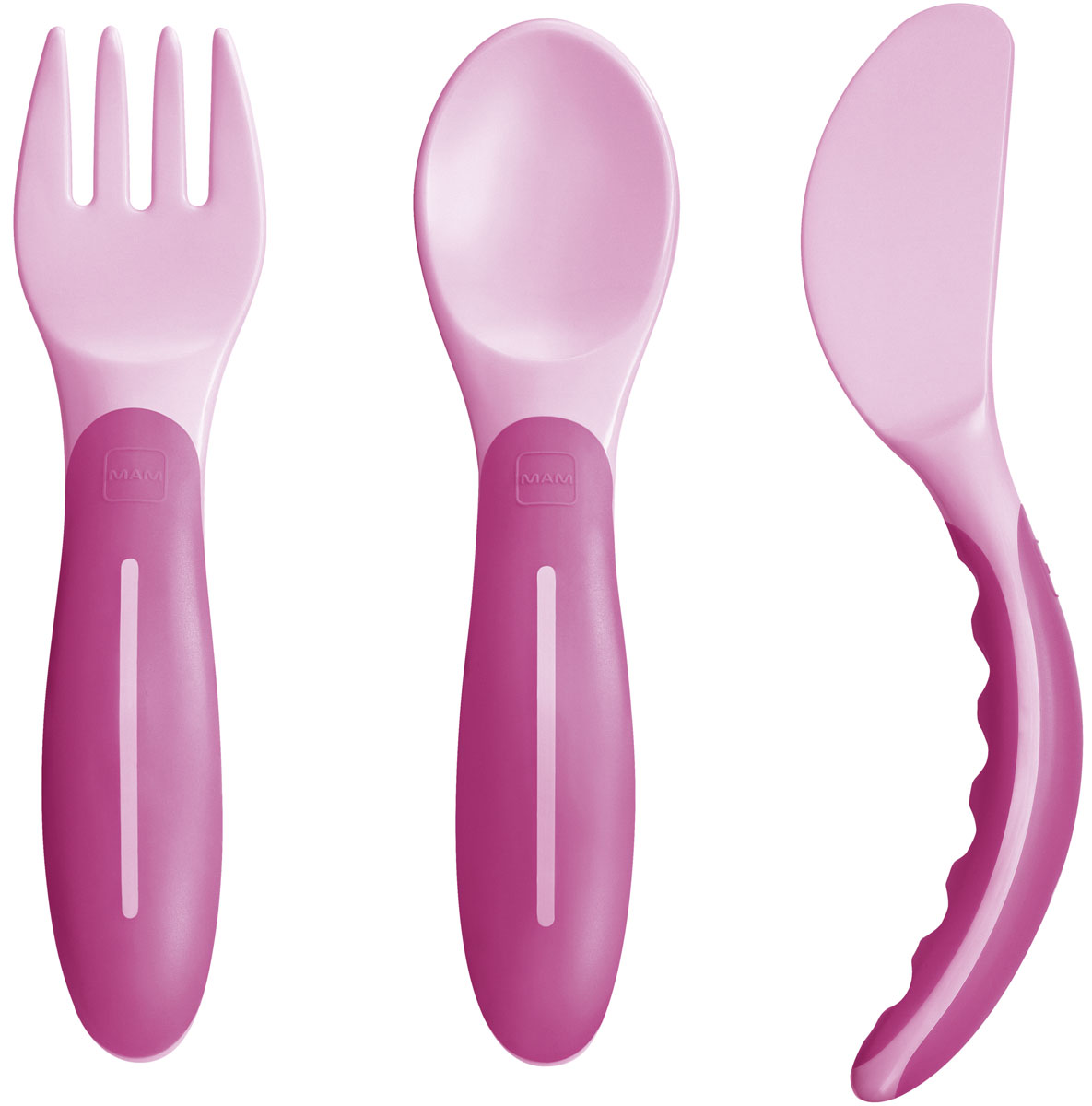 МАМ Набор детских столовых приборов Babys cutlery цвет розовый6606EXP/1 МАМ Набор детских столовых приборов Babys cutlery цвет розовый6606EXP/1Прекрасный детский набор столовых приборов: нож с безопасным краем, ручка у вилки с эргономичным углублениями для детских польчиков. Нескользящие ручки - удобно держать, благодоря изогнутой форме и текстурированнму дизайну. Одиноково удобно как для правшей, так и для левшей.