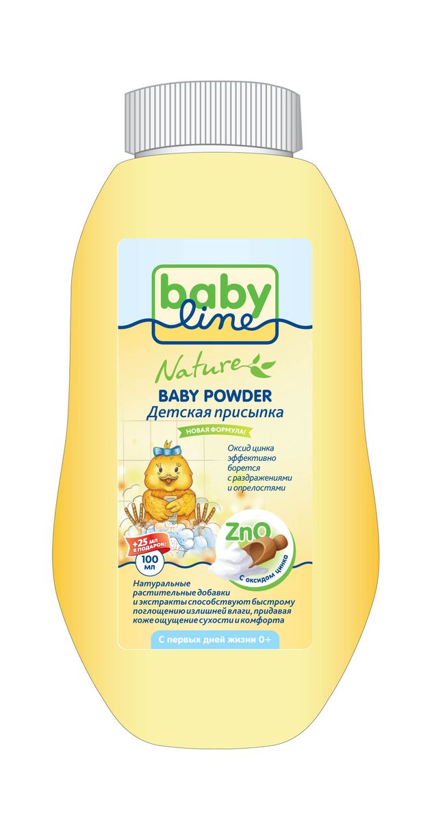 BabyLine Присыпка, 100 гDN82 BabyLine Присыпка, 100 гDN82Оксид цинка в составе присыпки обладает противовоспалительным, адсорбирующими, подсушивающими, и антисептическими свойствами.