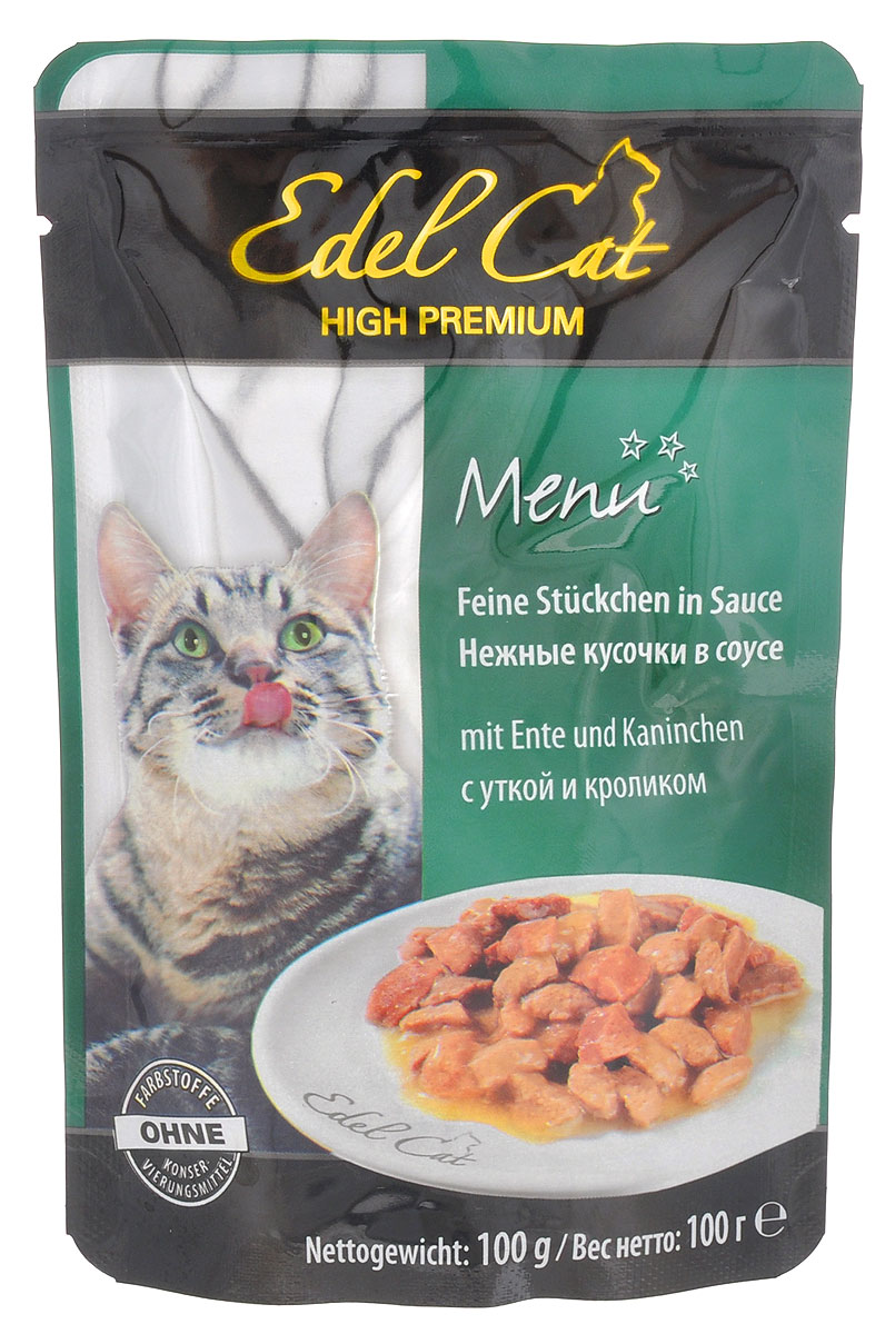 Консервы для кошек Edel Cat, с уткой и кроликом в соусе, 100 г15145 Консервы для кошек Edel Cat, с уткой и кроликом в соусе, 100 г15145Консервы для кошек Edel Cat со вкусом кролика и утки - это аппетитные мясные кусочки в ароматном соусе. Не упустите возможность порадовать своего питомца этим угощением. Edel Cat - лакомство для кошек, изготовленное в Германии. В качестве основного ингредиента выступает свежее отборное мясо кролика и утки. Ни одна кошка не сможет устоять перед мясными ароматными кусочками в соусе. Edel Cat выделяется не только своими вкусовыми свойствами, но и полезностью. Например, стоит отметить, что в состав входит такой важный элемент, как клетчатка. Она укрепляет стенки пищевода и улучшает функционирование желудка. Edel Cat содержит также и таурин. Он оказывает положительное воздействие на регенерацию клеток, сердце и органы зрения. Кроме этого, в составе обнаруживается витаминный и минеральный комплексы, которые также хорошо сказываются на организме взрослых кошек. Состав: мясо и продукты животного происхождения (4% утка, 4% кролик), злаки, ...