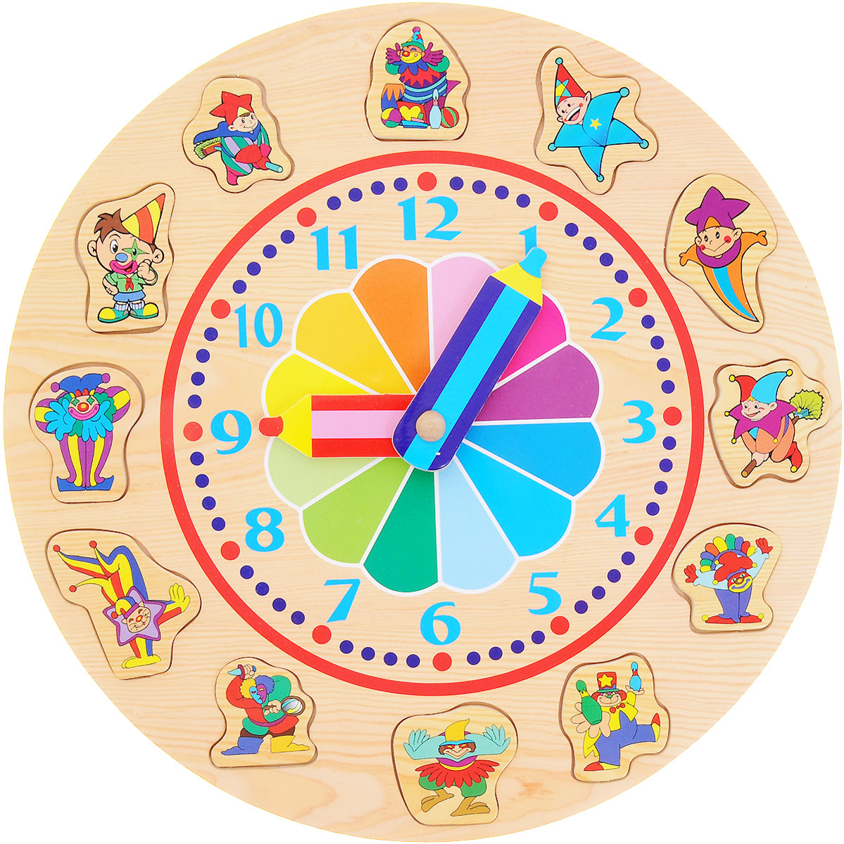 VGA Wooden Toys Пазл-часы РадугаD94 VGA Wooden Toys Пазл-часы РадугаD94Пазл-часы VGA Wooden Toys Радуга выполнен из экологически чистого материала - дерева. В процессе игры ребенок может поставить все фигурки клоунов на свои места, ориентируясь по силуэту. В центре часов расположен циферблат со стрелками-карандашами и радугой. Не содержит формальдегид.