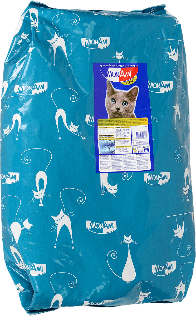 Корм сухой Mon Ami для взрослых кошек, с курицей, 10 кг. 1419514195_дизайн2 Корм сухой Mon Ami для взрослых кошек, с курицей, 10 кг. 1419514195_дизайн2Корм Mon Ami - это современное сухое питание для взрослых кошек с использованием лучших технологий. Особенности рациона: - необходимое сочетание ингредиентов для достижения правильной усвояемости питательных веществ организмом; - источник линолевой кислоты и правильного уровня витаминов группы B благотворно влияют на кожу и шерсть; - таурин - для здоровья глаз и сердца. Состав: злаки (пшеница, рис), экстракты белка растительного происхождения, мясо и мясопродукты животного происхождения (в том числе курица), подсолнечное масло, минеральные добавки, гидролизированная печень, пульпа сахарной свеклы (жом), витамины (в том числе таурин), пивные дрожжи, антиоксидант. Питательность: сырой протеин 30%, сырой жир 10%, сырая зола 7%, сырая клетчатка 2,5%, влажность 10%, кальций 1,05%, фосфор 0,9%, витамин A: 5000 ME/кг, витамин Д3: 500 МЕ/кг, витамин Е: 30 мг/кг. Энергетическая ценность: 333 ккал/100 г. Товар сертифицирован.