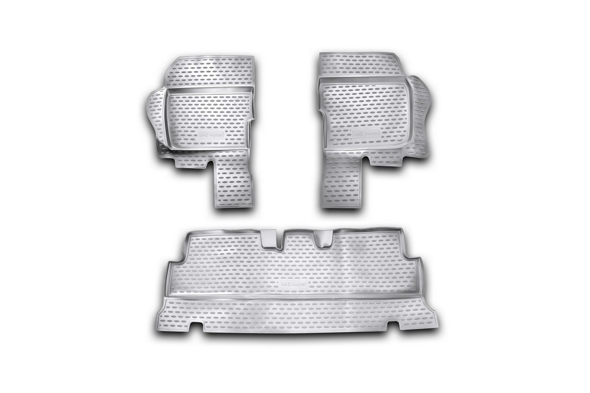 Коврики в салон автомобиля Novline-Autofamily для УАЗ Hunter, 2003 -, 3 штNLC.54.06.210k Коврики в салон автомобиля Novline-Autofamily для УАЗ Hunter, 2003 -, 3 штNLC.54.06.210kКоврики Novline-Autofamily улучшат внешний вид салона автомобиля и надежно уберегут его от пыли, грязи и сырости, а значит, защитят кузов от коррозии. Полиуретановые коврики гладкие, приятные и не пропускает влагу. Полиуретановые автомобильные коврики произведены из высококачественного материала, который держит форму и не пачкает обувь. Коврики надежно крепятся на полу и не скользят, что очень важно во время движения, особенно для водителя. Изделия из полиуретана надежно удерживают грязь и влагу, при этом всегда выглядят довольно опрятно. И чистятся они очень просто: как при помощи автомобильного пылесоса, так и различными моющими средствами.