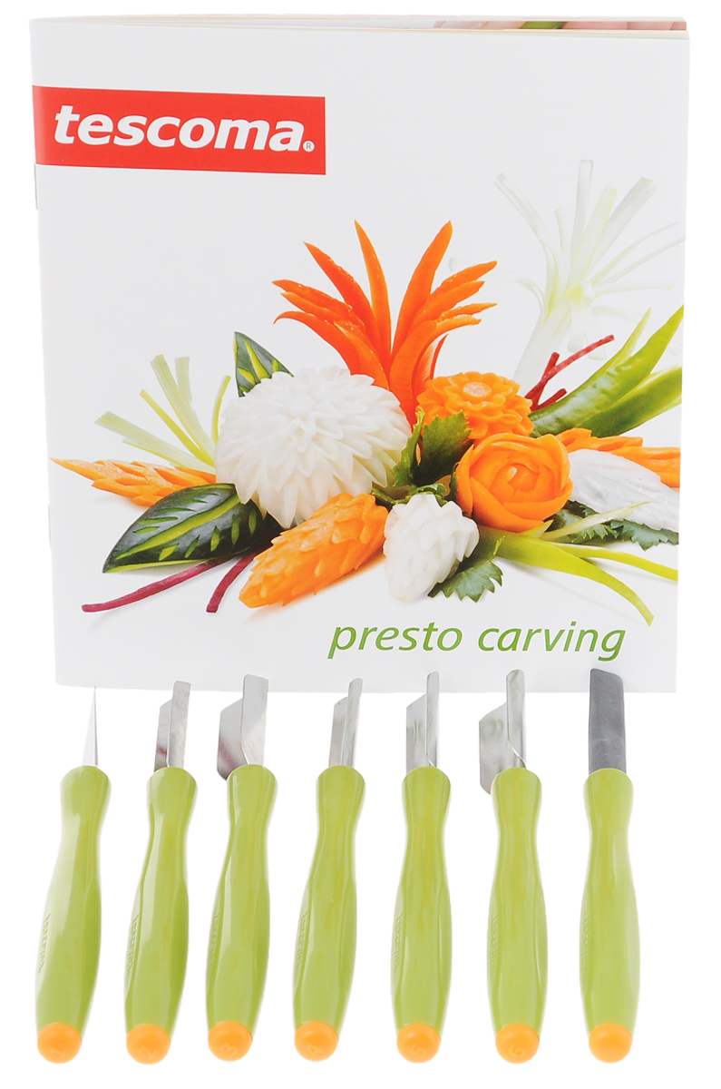 Набор для фигурной нарезки Tescoma Presto Carving, 8 предметов422010 Набор для фигурной нарезки Tescoma Presto Carving, 8 предметов422010Набор Tescoma Presto Carving предназначен для украшения фруктов и овощей: моркови, белой редьки и редиса, огурцов, кабачков, лука-порея, тыквы, яблок, груш, манго, дыни и других.Предметы набора изготовлены из высококачественной нержавеющей стали и прочной пластмассы. В комплект входят 6 специальных ножей, керамический точильный камень и коробка для их безопасного хранения, а также инструкция по применению. Средняя длина инструментов: 14,5 см.