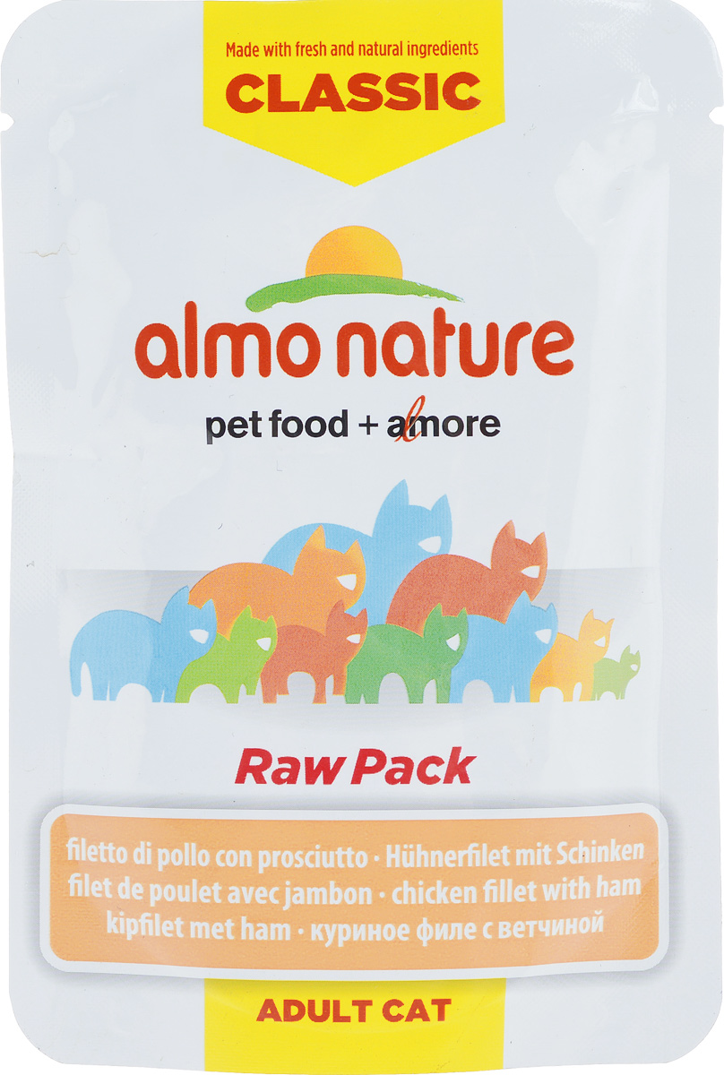 Консервы для взрослых кошек Almo Nature Classic Raw Pack, куриное филе с ветчиной, 55 г24079_new Консервы для взрослых кошек Almo Nature Classic Raw Pack, куриное филе с ветчиной, 55 г24079_newКонсервы Almo Nature Classic Raw Pack - это корм, рекомендованный взрослым кошкам. Угощение изготавливается из свежих и натуральных ингредиентов, которые были упакованы сырыми, затем стерилизованы, чтобы сохранить питательные вещества и вкус. Ваш питомец будет в полном восторге! Не содержит сои, консервантов, ароматизаторов, искусственных красителей, усилителей вкуса. Состав: 67% куриное филе, 24% куриный бульон, 8% ветчина, 1% рис. Пищевая ценность в 100г: белки - 22%, жиры - 1,8%, зола - 1%, клетчатка - 0,2%, влага - 75%. Энергетическая ценность: 920 ккал/кг. Товар сертифицирован.