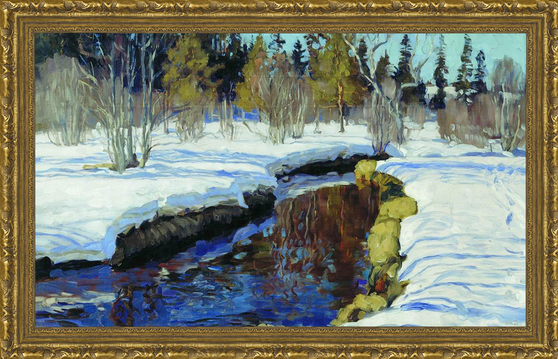 Арт-постер в багете Зима (С.Ю.Жуковский), 25 x 40 см25x40 OZ160-50601 Арт-постер в багете Зима (С.Ю.Жуковский), 25 x 40 см25x40 OZ160-50601Художественная репродукция картины С.Ю. Жуковского Зима. Изображение нанесено на чрезвычайно плотную основу (это не бумага и не картон) и обрамлено в багет. Технология изготовления арт-постеров подразумевает обязательную художественную ламинацию каждого изображения, что придает картине дополнительную ценность, а также защищает поверхность от загрязнения, повреждений (в том числе попыток помять, исцарапать изображение), влаги и ультрафиолетовых лучей. Такие арт-постеры совершенно спокойно перенесут не одну зиму в дачном или загородном доме. Ламинирование может значительно улучшить качество изображения. Использование пленок дает различную фактуру лицевой поверхности изображения (глянцевую, матовую, холщевую, ситцевую, льняную и другие). Например, при использовании глянцевых пленок изображение проявляется - краски становятся более контрастными и сочными. Технология художественного ламинирования максимально приближает изображение к натуральной картине (холст, масло),...