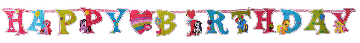 Веселая затея Гирлянда-буквы Happy Birthday My Little Pony1505-0645 Веселая затея Гирлянда-буквы Happy Birthday My Little Pony1505-0645Гирлянда-буквы Веселая затея Happy Birthday: My Little Pony выполнена из картона и украшена яркими изображениями героинь мультфильма My Little Pony. Карточки скрепляются друг с другом с помощью подвижных металлических соединений. Крайние карточки имеют ниточные петли для удобства крепления гирлянды. К гирлянде также прилагаются наклейки-цифры от 0 до 9. Вы можете наклеить их в середину гирлянды, обозначив дату! Такая гирлянда украсит ваш праздник и подарит имениннице отличное настроение. Длина гирлянды: 180 см. Средний размер карточки: 15 см х 15 см.