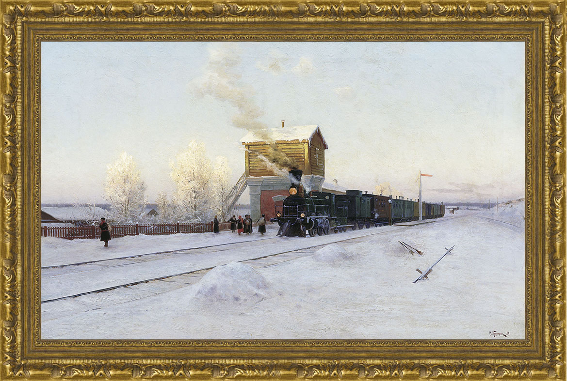Арт-постер в багете На полустанке (В.Г. Казанцев), 27 x 40 см27x40 OZ162-50601 Арт-постер в багете На полустанке (В.Г. Казанцев), 27 x 40 см27x40 OZ162-50601Художественная репродукция картины В.Г. Казанцева На полустанке. Изображение нанесено на чрезвычайно плотную основу (это не бумага и не картон) и обрамлено в багет. Технология изготовления арт-постеров подразумевает обязательную художественную ламинацию каждого изображения, что придает картине дополнительную ценность, а также защищает поверхность от загрязнения, повреждений (в том числе попыток помять, исцарапать изображение), влаги и ультрафиолетовых лучей. Такие арт-постеры совершенно спокойно перенесут не одну зиму в дачном или загородном доме. Ламинирование может значительно улучшить качество изображения. Использование пленок дает различную фактуру лицевой поверхности изображения (глянцевую, матовую, холщевую, ситцевую, льняную и другие). Например, при использовании глянцевых пленок изображение проявляется - краски становятся более контрастными и сочными. Технология художественного ламинирования максимально приближает изображение к натуральной картине (холст,...