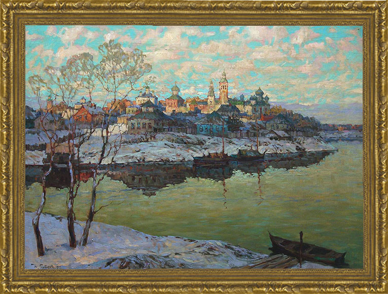 Арт-постер в багете Ранняя весна. Город на реке (К.И. Горбатов), 30 x 40 см30x40 OZ144-50601 Арт-постер в багете Ранняя весна. Город на реке (К.И. Горбатов), 30 x 40 см30x40 OZ144-50601Художественная репродукция картины Горбатова Константина Ивановича Ранняя весна. Город на реке. Изображение нанесено на чрезвычайно плотную основу (это не бумага и не картон) и обрамлено в багет. Технология изготовления арт-постеров подразумевает обязательную художественную ламинацию каждого изображения, что придает картине дополнительную ценность, а также защищает поверхность от загрязнения, повреждений (в том числе попыток помять, исцарапать изображение), влаги и ультрафиолетовых лучей. Так, например, арт-постеры совершенно спокойно перенесут не одну зиму в дачном или загородном доме. Ламинирование может значительно улучшить качество изображения. Использование пленок дает различную фактуру лицевой поверхности изображения (глянцевую, матовую, холщевую, ситцевую, льняную и другие). Например, при использовании глянцевых пленок изображение проявляется - краски становятся более контрастными и сочными. Технология художественного ламинирования максимально приближает...