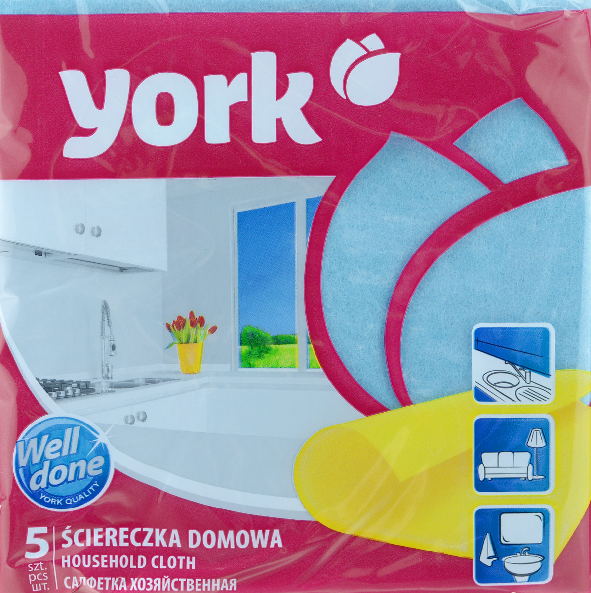 Салфетка хозяйственная York, цвет: синий, 35 см х 35 см, 5 шт2002_синий Салфетка хозяйственная York, цвет: синий, 35 см х 35 см, 5 шт2002_синийУниверсальная салфетка York предназначена для мытья, протирания и полировки. Салфетка выполнена из вискозы с добавлением полипропиленового волокна, отличается высокой прочностью. Хорошо поглощает влагу, эффективно очищает поверхности и не оставляет ворсинок. Идеальна для ухода за столешницами и раковиной на кухне, за стеклом и зеркалами, деревянной мебелью. Может использоваться в сухом и влажном виде.