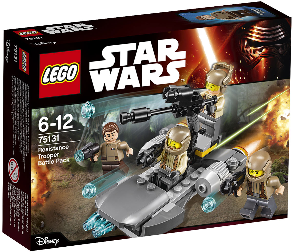 LEGO Star Wars Конструктор Боевой набор Сопротивления 7513175131 LEGO Star Wars Конструктор Боевой набор Сопротивления 7513175131Конструктор Lego Star Wars Боевой набор Сопротивления приведет в восторг любого поклонника знаменитой космической саги Звездные войны. Конструктор содержит 112 пластиковых элементов, с помощью которых вы сможете собрать оригинальную боевую машину из вселенной Звездных войн. Поблизости обнаружены и должны быть перехвачены силы Первого Ордена. Размести отряд Сопротивления на спидере, заряди пушку и отправляйся на задание, чтобы найти их! Все элементы набора выполнены из прочного безопасного пластика. Корабль и бластеры солдат стреляют небольшими снарядами, входящими в набор. Также в набор входит фигурка офицера Сопротивления и фигурки солдат. Игры с конструкторами помогут ребенку развить воображение, внимательность, пространственное мышление и творческие способности. Такой конструктор надолго займет внимание малыша и непременно станет его любимой игрушкой.