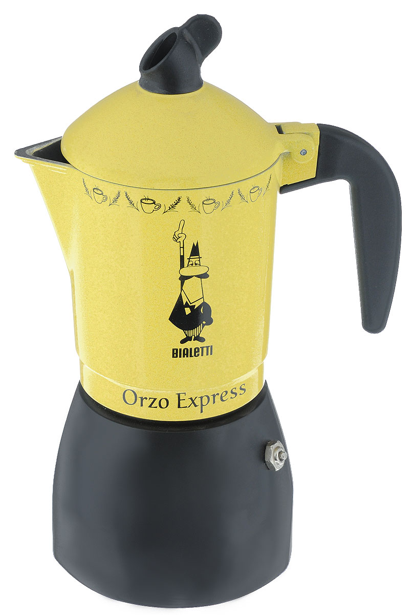 Кофеварка гейзерная Bialetti Orzo Express Gialla MR, для желудевого кофе, на 4 чашки2324 Кофеварка гейзерная Bialetti Orzo Express Gialla MR, для желудевого кофе, на 4 чашки2324Компактная гейзерная кофеварка Bialetti Orzo Express Gialla MR изготовлена из высококачественного алюминия. Объема кофе хватает на 4 чашки. Изделие оснащено удобной ручкой из бакелита. Принцип работы такой гейзерной кофеварки - кофе заваривается путем многократного прохождения горячей воды или пара через слой молотого кофе. Удобство кофеварки в том, что вся кофейная гуща остается во внутренней емкости. Гейзерные кофеварки пользуются большой популярностью благодаря изысканному аромату. Кофе получается крепкий и насыщенный. Теперь и дома вы сможете насладиться великолепным эспрессо. Подходит для газовых, электрических и стеклокерамических плит. Нельзя мыть в посудомоечной машине. Высота (с учетом крышки): 23 см.