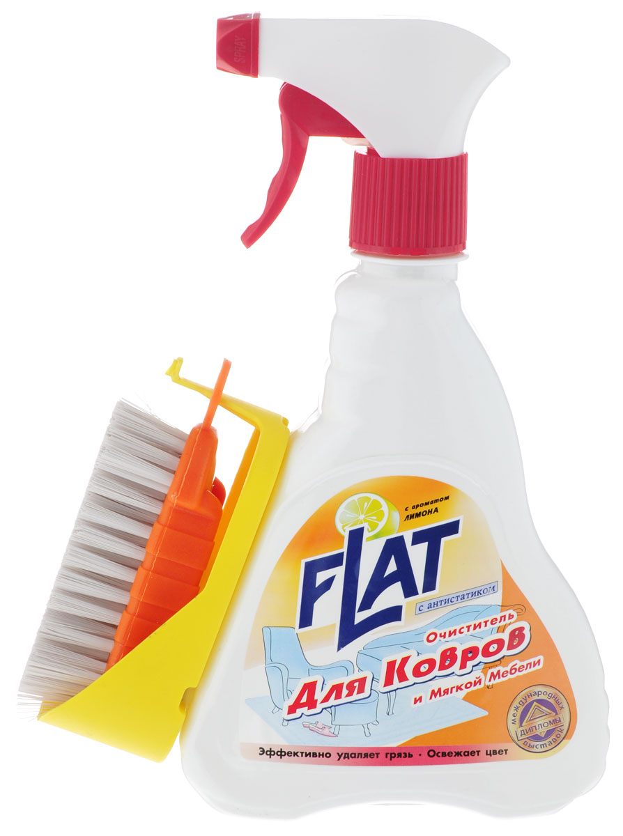 Очиститель Flat для ковров и мягкой мебели, с ароматом лимона, 480 г + щетка - Flat000959 Очиститель Flat для ковров и мягкой мебели, с ароматом лимона, 480 г + щетка - Flat000959Очиститель Flat попадает между волокнами ткани, адсорбируется грязь и удаляется вместе с ней. Особенности: Специальный курковый распылитель образует пену; Эффективно удаляет грязь; Освежает цвет ковров и мягкой мебели; Экономичен и полностью биоразлагаем; Не содержит вредных веществ, разрушающих основу волокон; Снимает электростатический заряд и препятствует накоплению пыли; Быстро высыхает без пятен и подтеков; Не раздражает кожу рук. Размер щетки: 4 см х 4 см х 9 см.