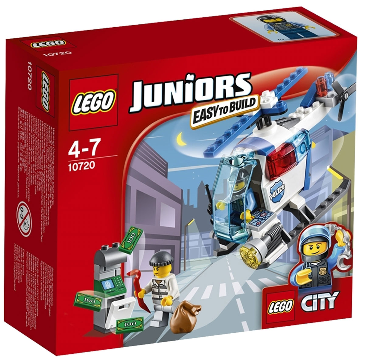 LEGO Juniors Конструктор Погоня на полицейском вертолете 1072010720 LEGO Juniors Конструктор Погоня на полицейском вертолете 1072010720Патрулируй небо над городом на полицейском вертолете! Найди вора, который пытается ограбить банкомат, а затем лети вниз и поймай его с поличным. Помогай полиции служить и защищать. LEGO Juniors дарит отличный опыт конструирования! Конструктор LEGO Juniors Погоня на полицейском вертолете включает в себя 63 разноцветных пластиковых элемента с двумя фигурками. Конструктор - это один из самых увлекательных и веселых способов времяпрепровождения. Ребенок сможет часами играть с конструктором, придумывая различные ситуации и истории.