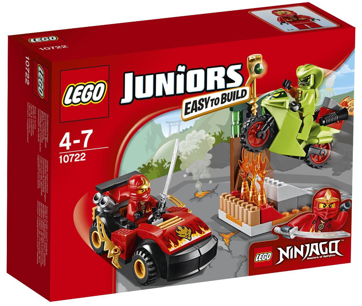 LEGO Juniors Конструктор Схватка со змеями 1072210722 LEGO Juniors Конструктор Схватка со змеями 1072210722Злобный змей Лаша хочет заполучить золотой змеиный посох, поэтому нужно помочь Каю победить его! Используй машину Кая и меч ниндзя, чтобы сразиться со злодеем. Конструктор LEGO Juniors Схватка со змеями включает в себя 92 разноцветных пластиковых элемента с двумя фигурками. Конструктор - это один из самых увлекательных и веселых способов времяпрепровождения. Ребенок сможет часами играть с конструктором, придумывая различные ситуации и истории.